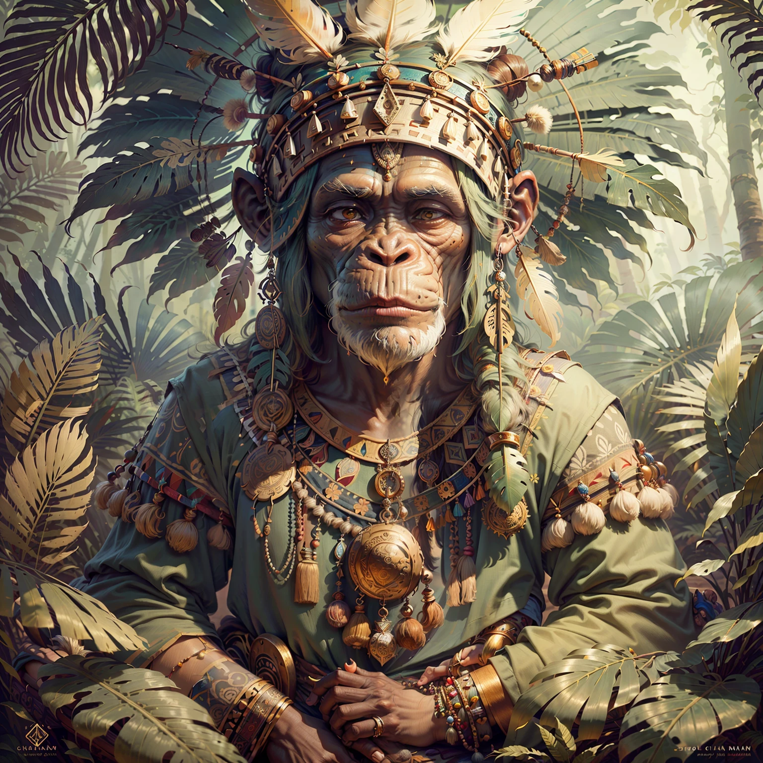 Chimpanzee ((Indian Shaman)),,((meditative state),,Shaman, elegant chimpanzee, hair with details, with Indian headdress on head, ((meditating)) many colorful feathers, colorful feathers, facing the camera, detail: dense tropical foliage, highly detailed intricate, ((masterpiece)), ultra hyperrealistic, masterpiece
