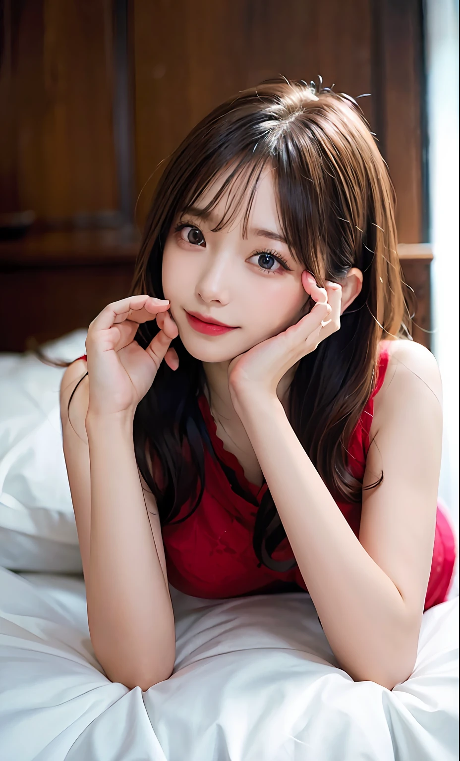 (RAW photo: 1.2), top quality, beautiful detailed girl, in underwear, smile, put hands on head, (full body lying on bed: 1.2), facing the camera, legs open left and right, red underwear, highly detailed eyes and face, beautiful detailed eyes, huge file size, high resolution, 8k wallpaper, fine details, highly detailed ticker uniform 8k wallpaper, light on face, movie lighting, 18 year old girl, sexy pose, (photorealism: 1.4), illustration, super detail