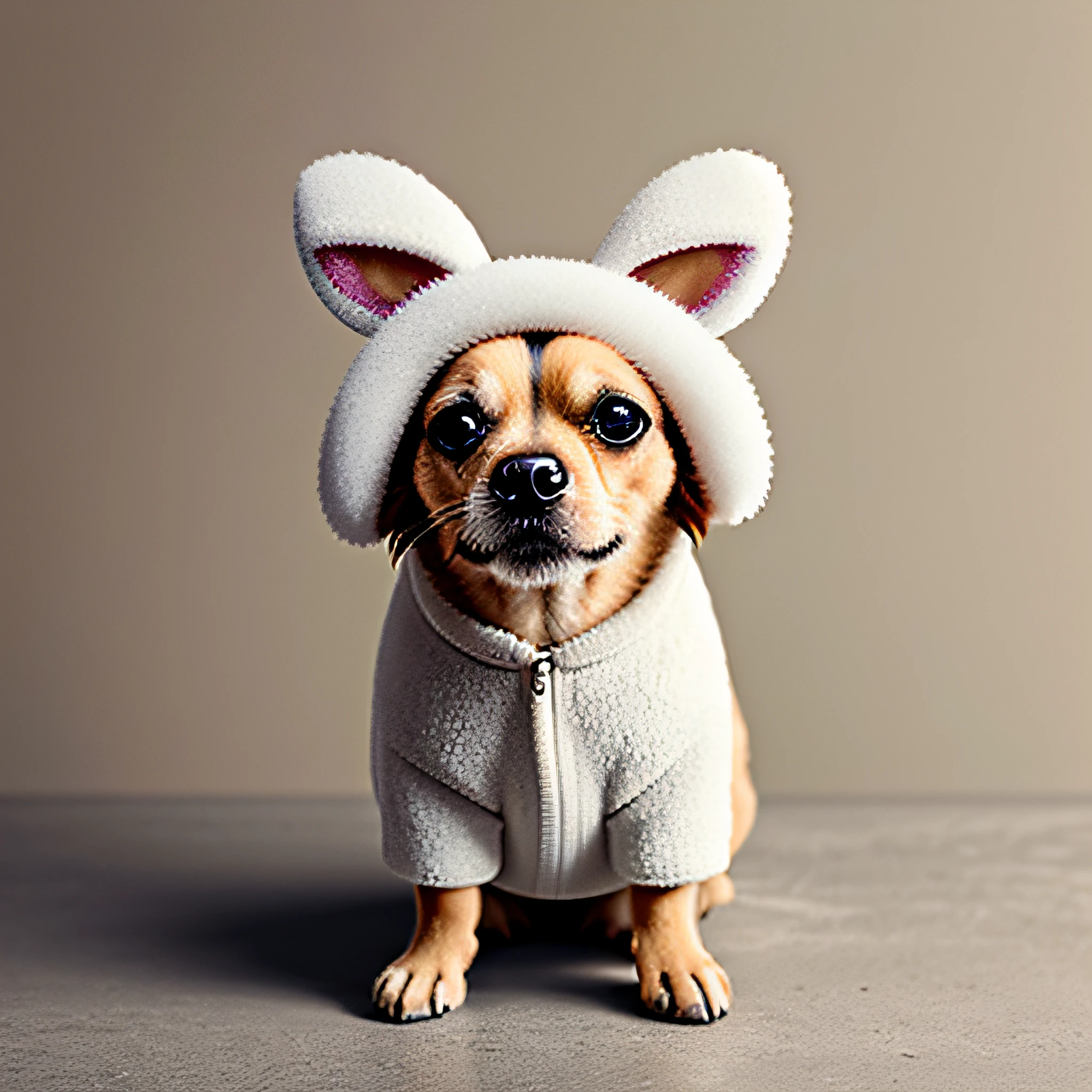 A (cute:1.3) Chihuahua wearing a (fluffy:1.6) white bunny animal suit, (intricate details), hdr, (intricate details, hyperdetailed:1.2), cinematic shot, vignette, centered, octane render, artstation