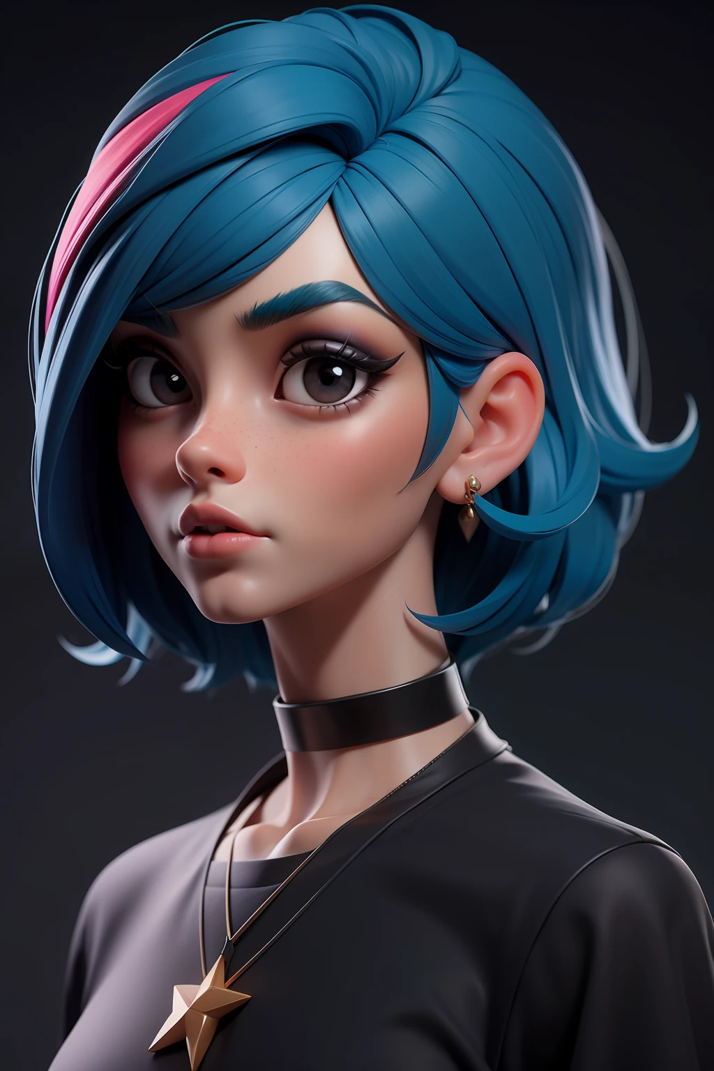 masterpiece, best quality,3d rending work ,3DMM style,close-up,portrait, 3D,1girl, solo, multicolored hair, blue hair, black hair, necklace, freckles, jewelry, two-tone hair, looking to the side, realistic, upper body, simple background, bangs, looking away, short hair, parted lips, black eyes, lips, gothic, choker, makeup, mole, black shirt, shirt, watermark