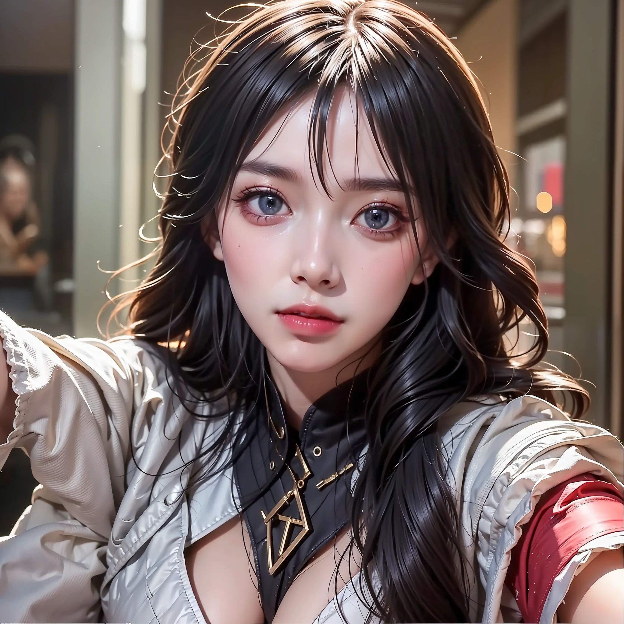 8K, Best Quality, Masterpiece, Ultra High Resolution, (Realism: 1.4), Original Photo, (Realistic Skin Texture: 1.3), (Film Grain: 1.3), (Selfie Angle), 1 Girl, Beautiful Eyes and Face Details, Masterpiece, Best Quality, Close-up, Upper Body, Looking at the Viewer
