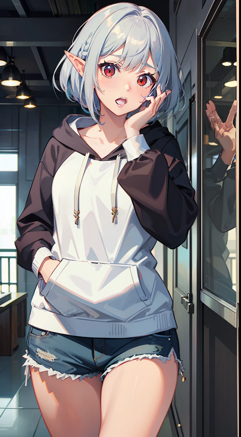 ((Put both hands on your face)), (surprised)), (Red face), 1 girl closeup, Elf, Silver hair, Bob cut, Braided hair, Red eyes, Hoodie, Shorts, Tights, Sea, TS, Concept art, Beautiful anime scene, Beautiful anime scene, Best quality, Masterpiece, 4K