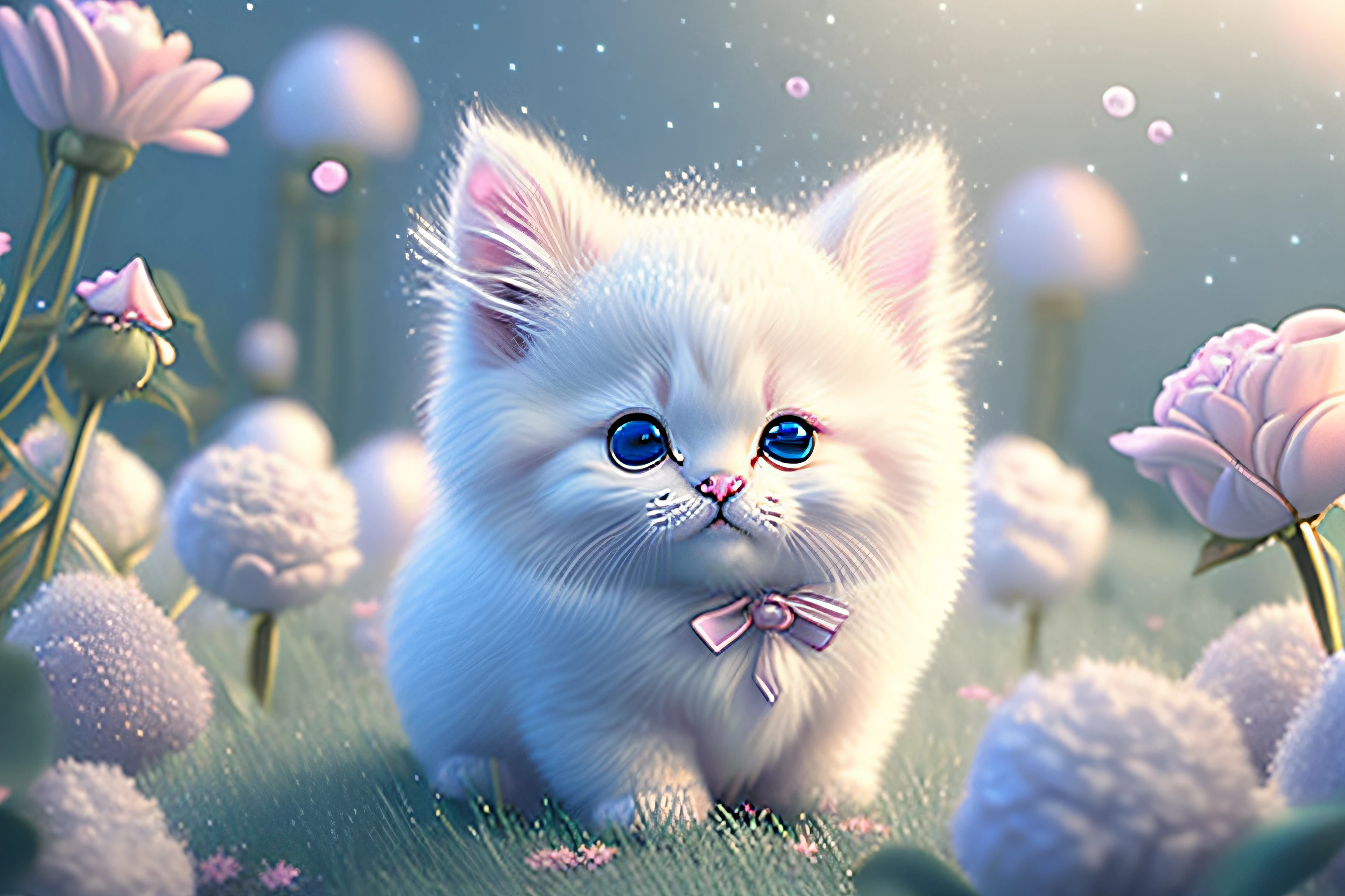 In this ultra-detailed CG art, cute kittens surrounded by ethereal roses, laughter, best quality, high resolution, intricate details, fantasy, cute animals, purple, funny, open mouth!! Laugh!!!