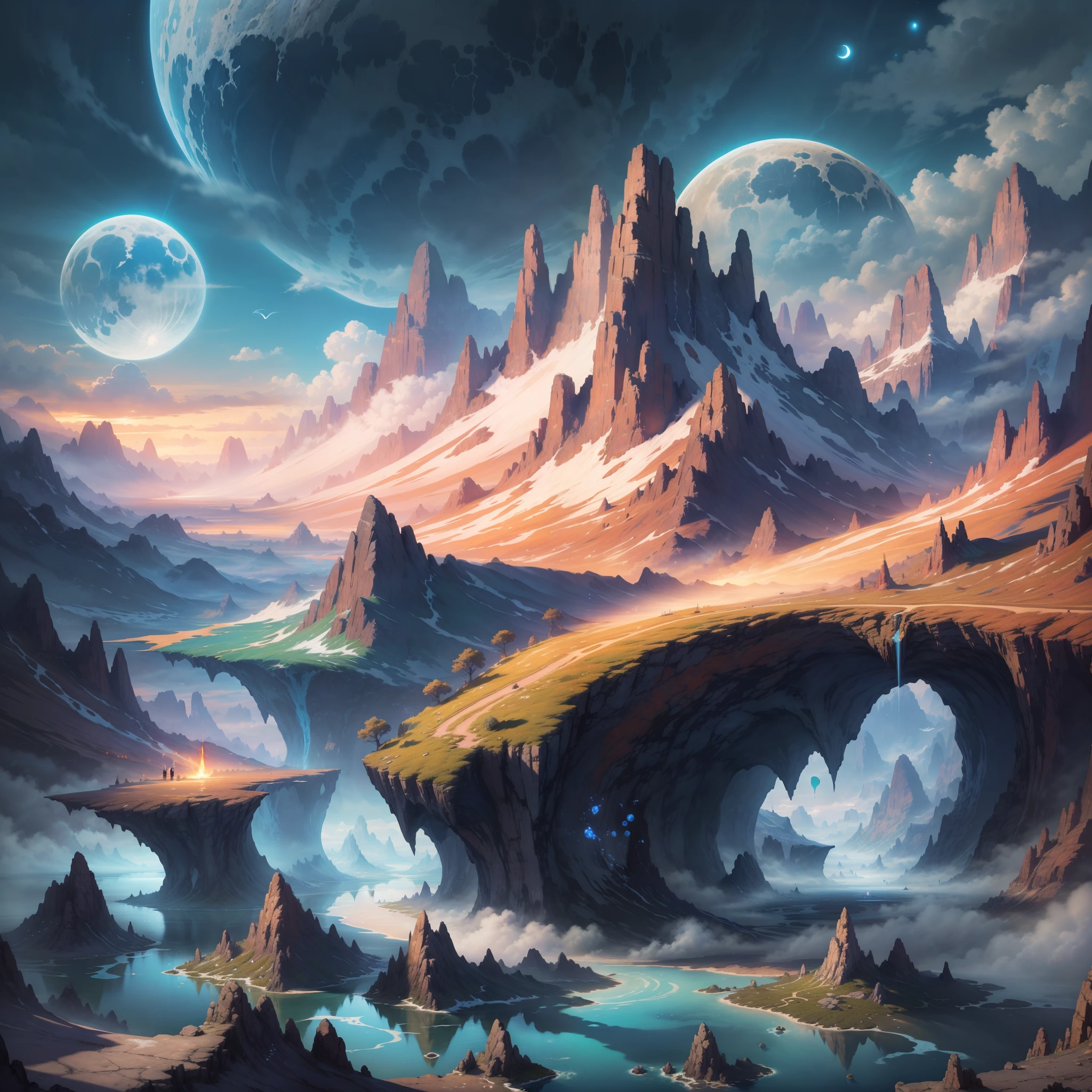 (enlarged: 1.1), mountains and a lake with a moon in the sky, 4k highly detailed digital art, 4k hd very detailed wallpaper, stunning fantasy landscape, sci-fi fantasy desktop wallpaper, unreal engine 4k wallpaper, 4k detailed digital art, sci-fi fantasy wallpaper, epic dreamlike fantasy landscape, 4k hd matte digital painting, 8k stunning art