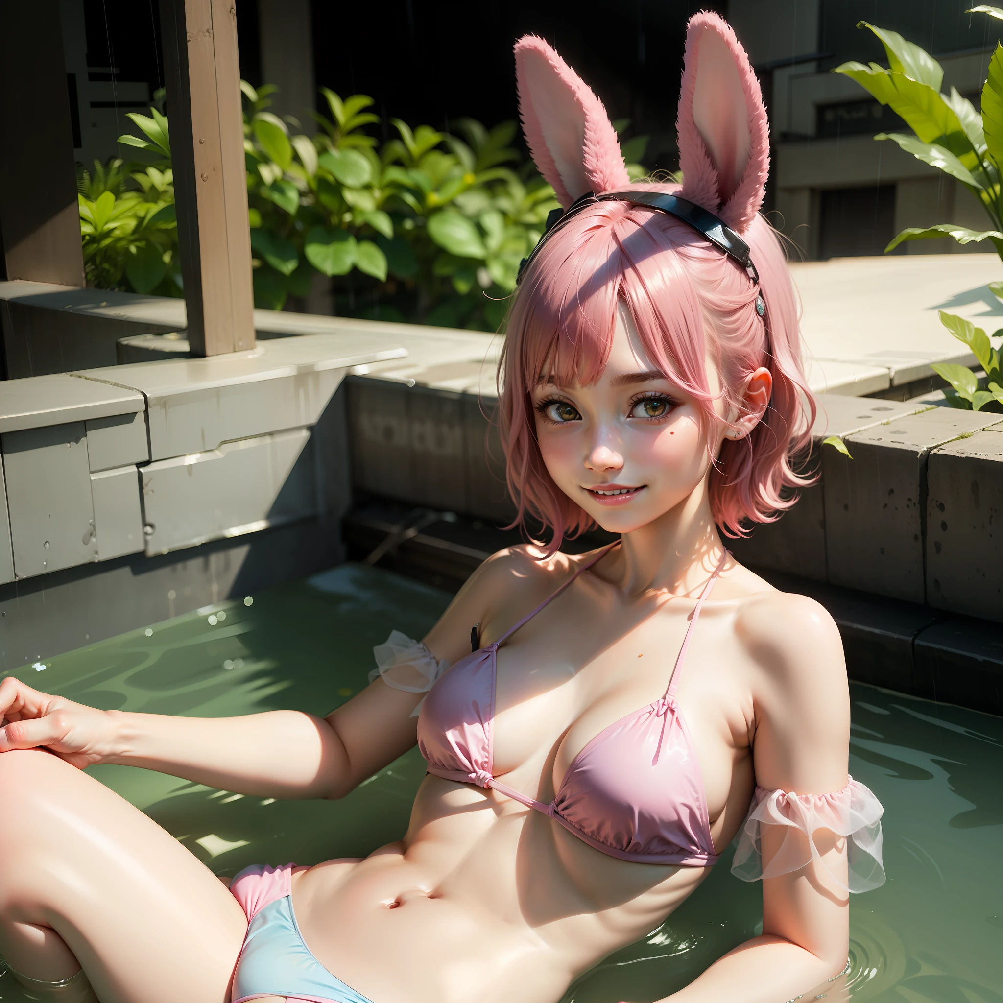naked, pink hair, city, rain, little bikini, pink bikini, pink hair, rabbit ears, age beauty, healthy five fingers that are not ragged, normal number of fingers, big, short cut bob, lovely smile, mole under mouth,
