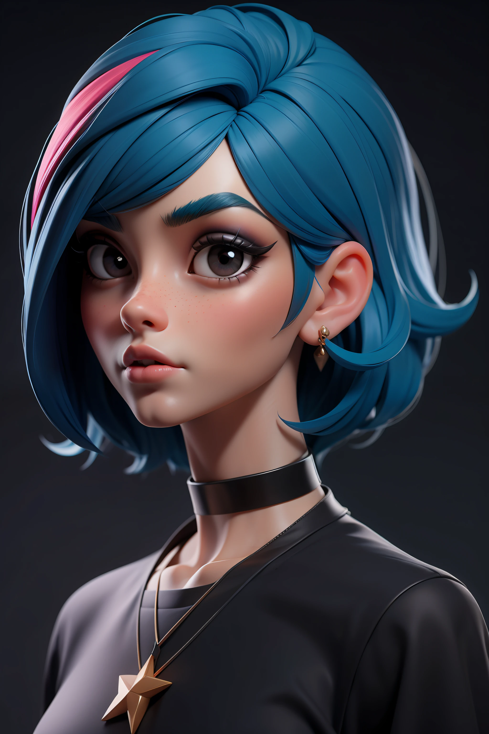 masterpiece, best quality,3d rending work ,3DMM style,close-up,portrait, 3D,1girl, solo, multicolored hair, blue hair, black hair, necklace, freckles, jewelry, two-tone hair, looking to the side, realistic, upper body, simple background, bangs, looking away, short hair, parted lips, black eyes, lips, gothic, choker, makeup, mole, black shirt, shirt, watermark