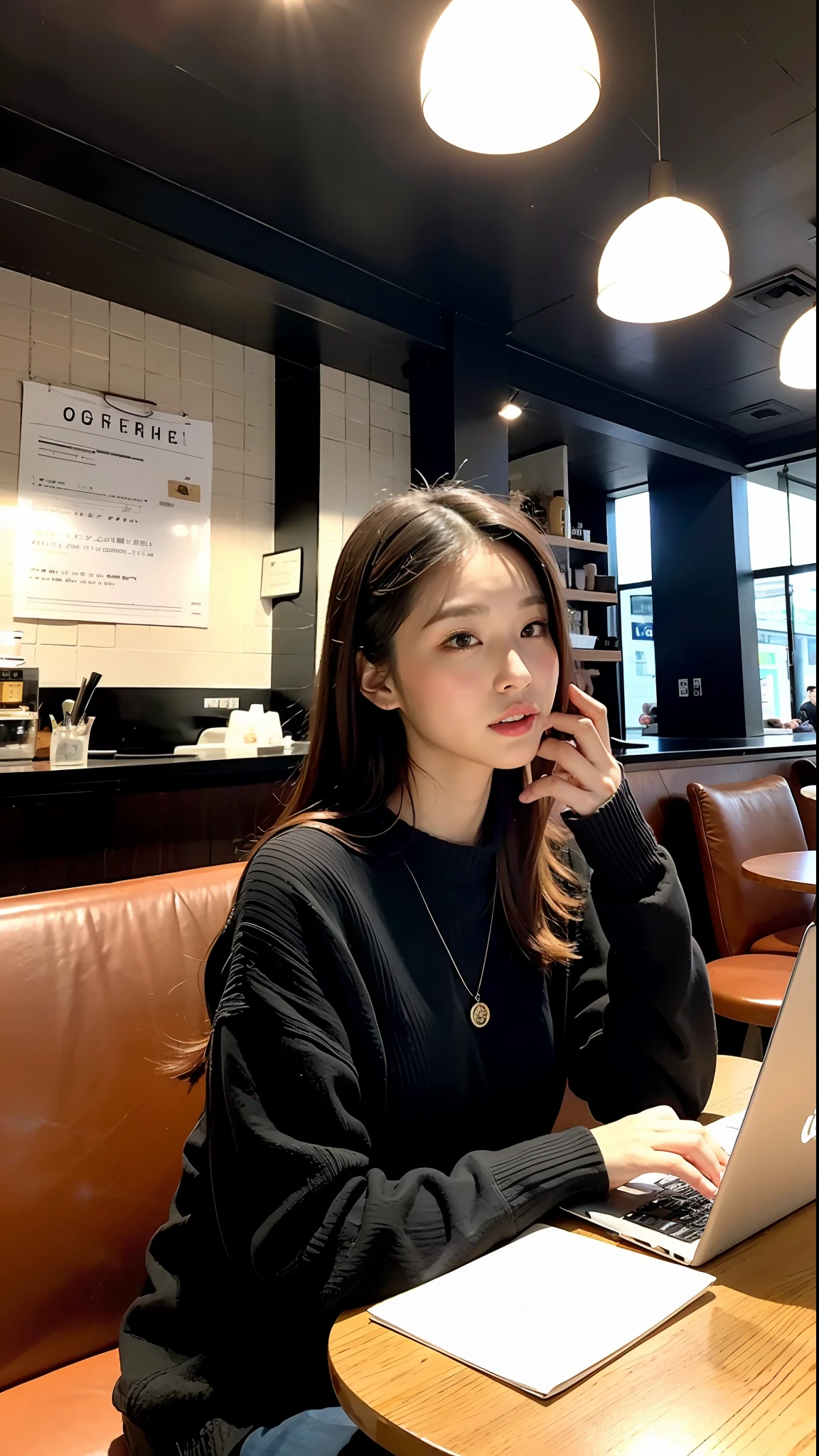 (最高品質、8k、32k、傑作、UHD:1.2)、かわいい日本人女性の写真、普通の胸、短いボブヘア、上半身、顔の焦点、oversized_sweater、ネックレス、視聴者を見て、background a trendy coffee shop with a unique aesthetic and atmosphere. Incorporate elements like modern furniture, artistic décor, and ambient lighting to enhance the ambiance. Consider including people enjoying their drinks, engaging in conversation, or quietly working on laptops. Let your creativity flow and bring the idea of 'Stable Diffusion' to life in this chic café setting.