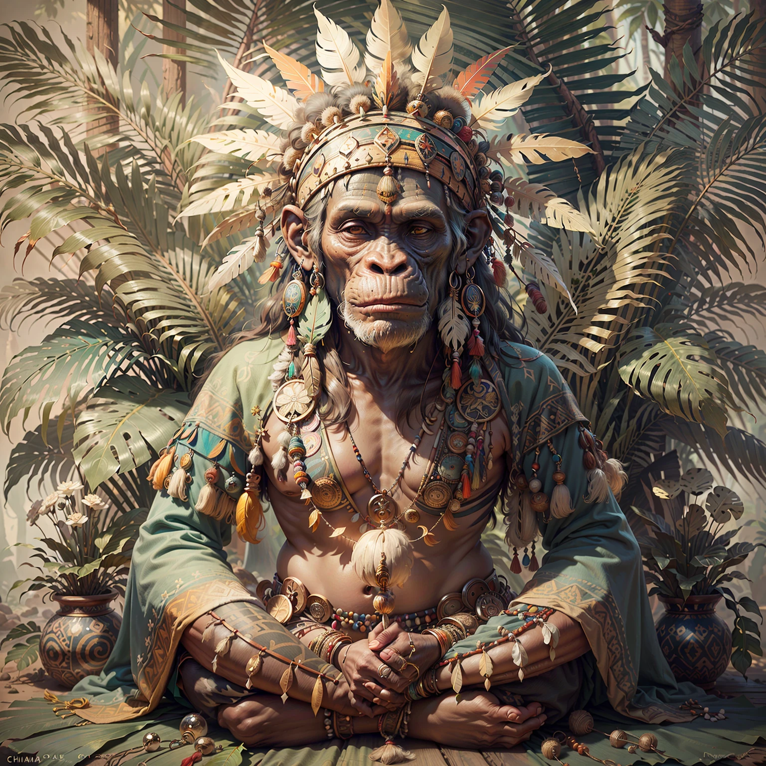 Chimpanzee ((Indian Shaman)),,((meditative state),,Shaman, elegant chimpanzee, hair with details, with Indian headdress on head, ((meditating)) many colorful feathers, colorful feathers, facing the camera, detail: dense tropical foliage, highly detailed intricate, ((masterpiece)), ultra hyperrealistic, masterpiece