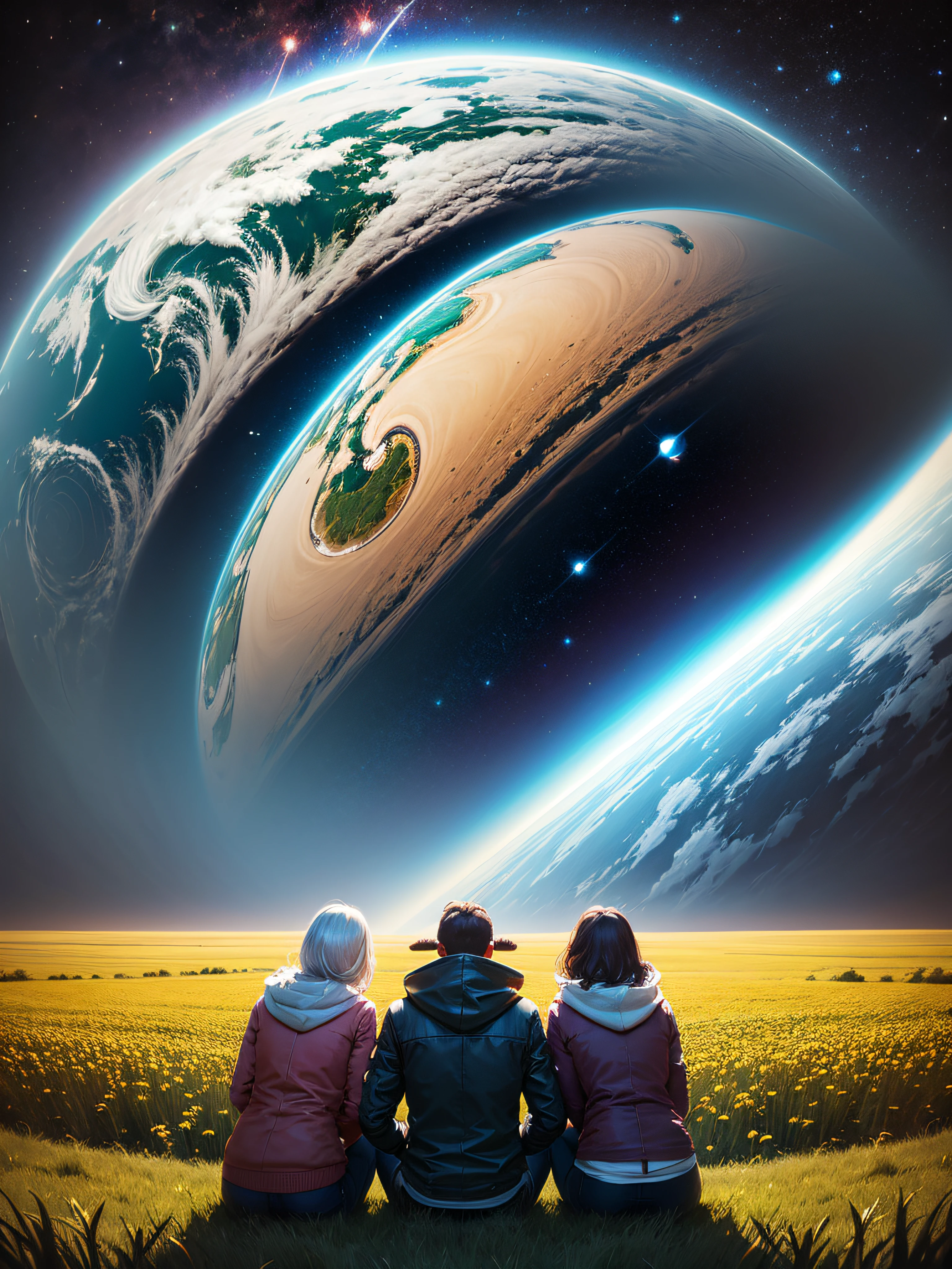 Three people on their backs in a field looking at planet Earth in space, center, game style