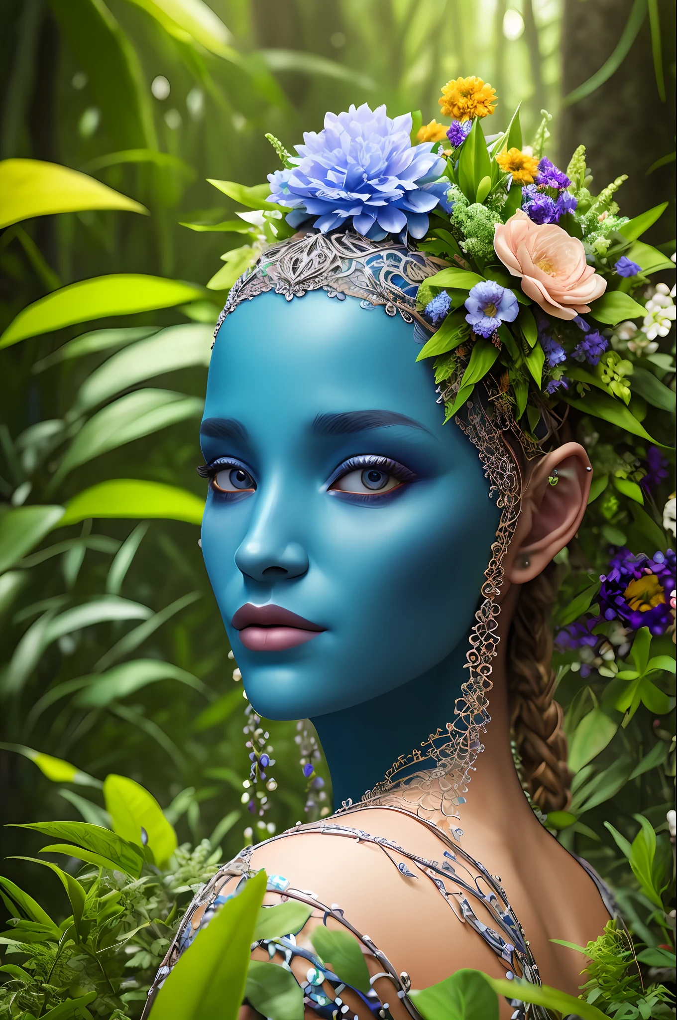 fashion photography portrait of blue human avatar, , in blue lush jungle with flowers and birds, 3d render, cgi, symetrical, octane render, 35mm, bokeh, 9:16, (intricate details:1.12), hdr, (intricate details, hyperdetailed:1.15), (natural skin texture, hyperrealism, soft light, sharp:1.2)