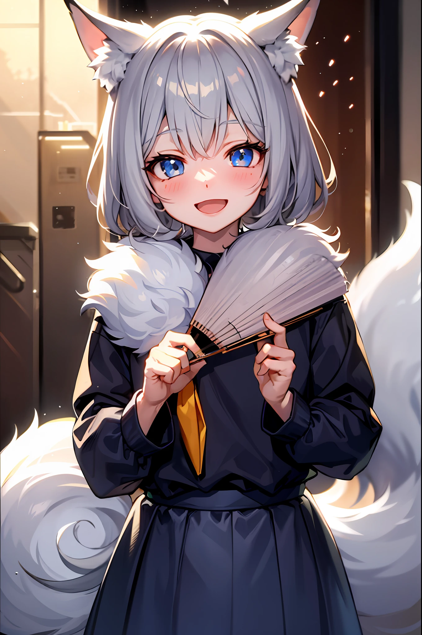 Fox Boy, 1 meter 5, boy, blue eyes, gray hair, super cute face, beautiful lights and shadows, ambient light, perfect lighting, light particles, sharp focus, spectacle god, blush, smile, holding a fan, tail, animal ear fluff, open mouth, depth of field, long skirt, shota