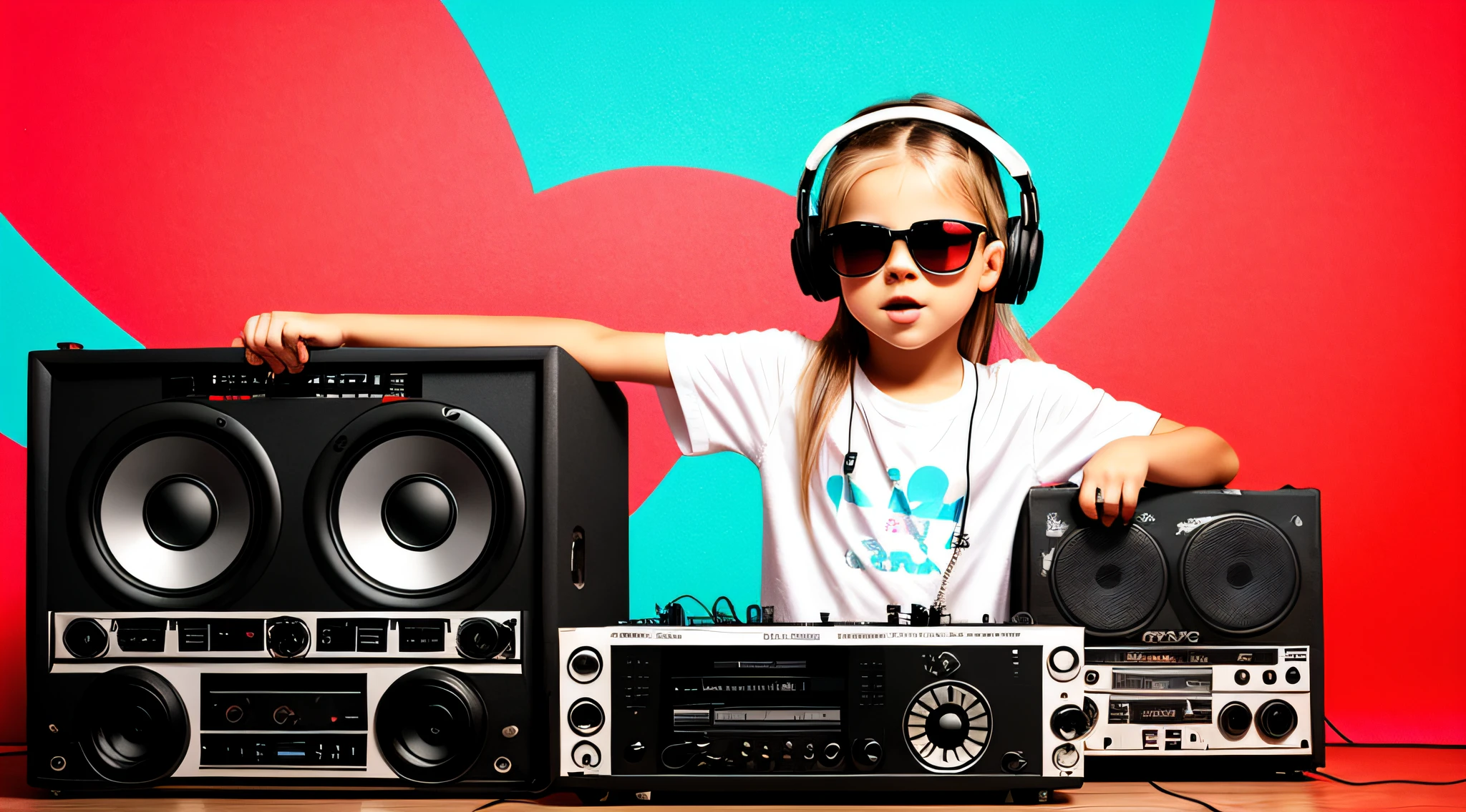 BLONDE CHILD, in sunglasses holding a boombox and pointing with his hand, boombox, music guy, ghetto blaster, on a red background, playing for music, on red background, dj, very low quality picture, red sunglasses and a guitar, big ghetto blaster, with headphones, music is life, new music, vibrating with music