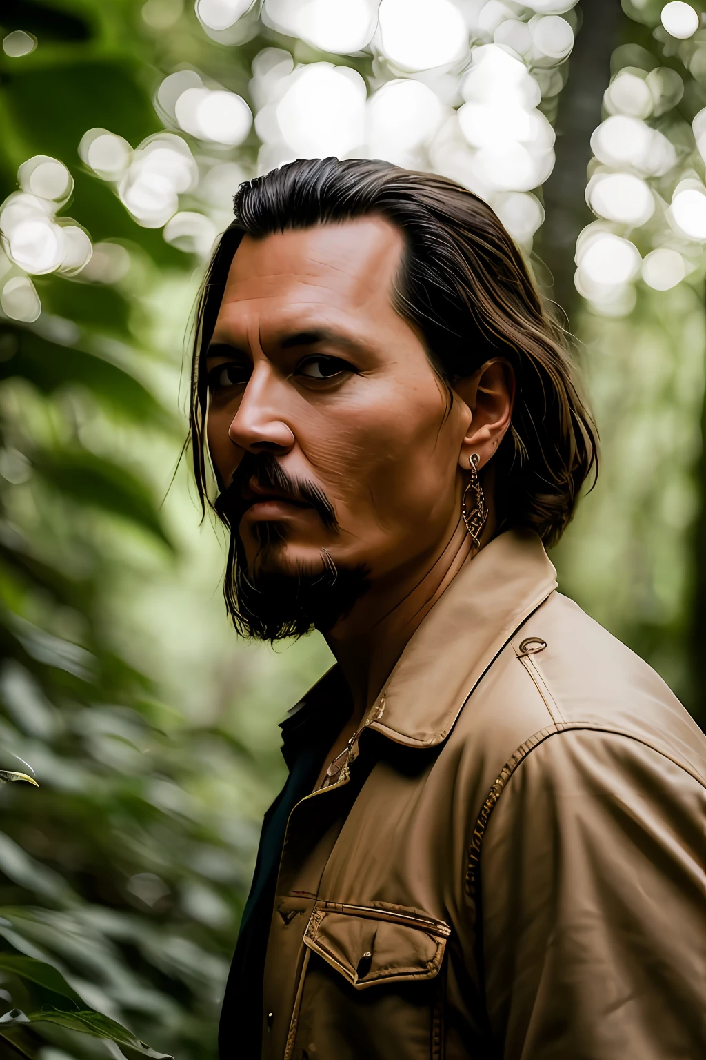 masterpiece, johnny depp walking through jungle at night among fireflies, (high detail:1 1), rough face, natural skin, high quality, nsfw, beautiful eyes, (detailed face and eyes), (face: 1 2), noise, extra, real photo, PSD, lamp film photography, sharp focus, contrast lighting, detailed skin, high resolution 8k, crazy detail, realistic, professional photography, 8k UHD, SLR camera, soft lighting, high quality, film grain, Fujifilm XT3