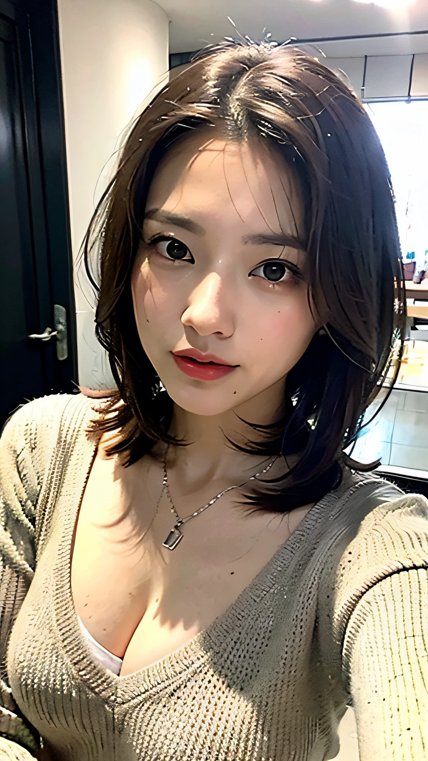 (Best Quality, 8k, 32k, Masterpiece, UHD: 1.2), Ultra High Definition Face, Ultra High Definition Eyes, Light Brown Eyes, Cleavage, Cute Japan Woman Pictures, Big, Big, Short Bob Hair, Layer Hair, Upper Body, Face Focus, oversized_sweater, Necklace, Simple Background, Waist Up Photo, Perfect Lighting, SLR Camera Shooting, Gravure, watching the viewer,