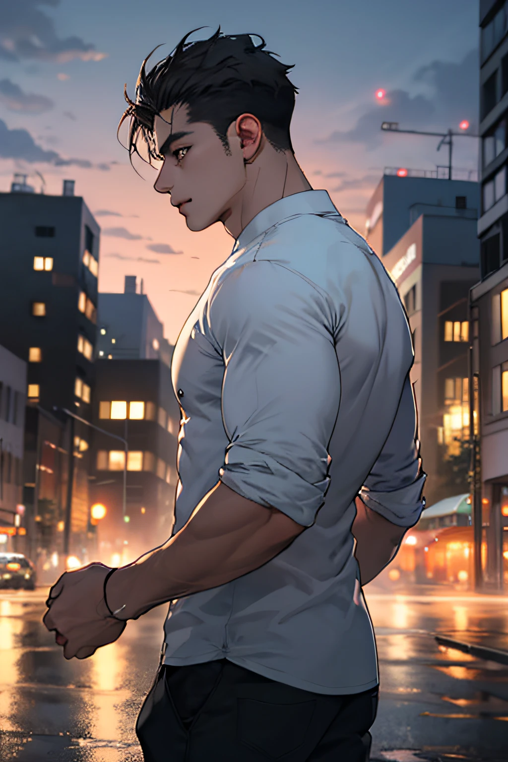 1man,masterpiece,best quality, ultra high res, dusk,cityscape,depth of field, short black messy hair, solo male