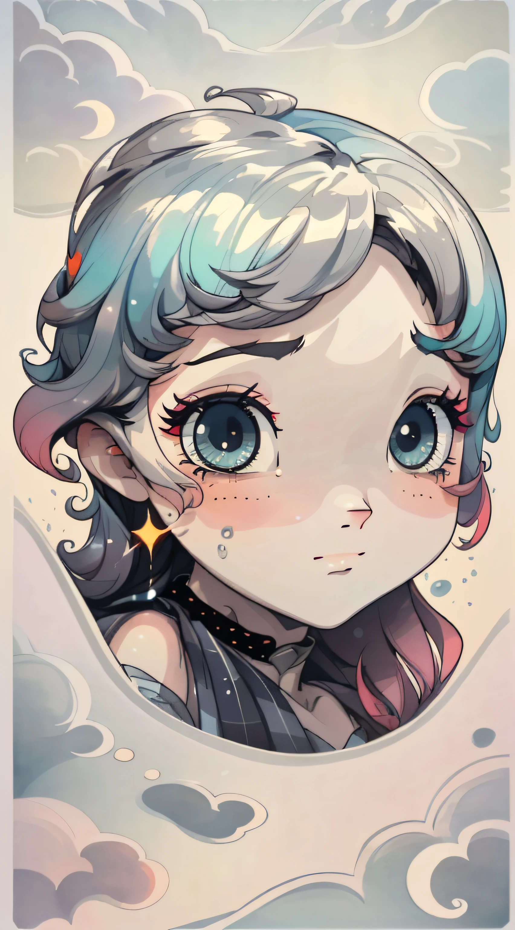 (((Masterpiece))), ((Best Quality))), ((Ultra Detailed)), (Illustration), (Dynamic Angle), ((Floating)), ((Unkempt Hair)), ((Beautiful Delicate Face)), Collar, Bare Shoulders, Gray Hair, ((Striped Hair)), Beautiful Delicate Eyes, (Gradient Eyes), (((Colored Eyes))), (Colored Background))), (High Saturation))), (((Surrounded by Colorful Splashs)))), (((( surrounded by colorful dot))), colorful bubble, ((shining)), clouds,
