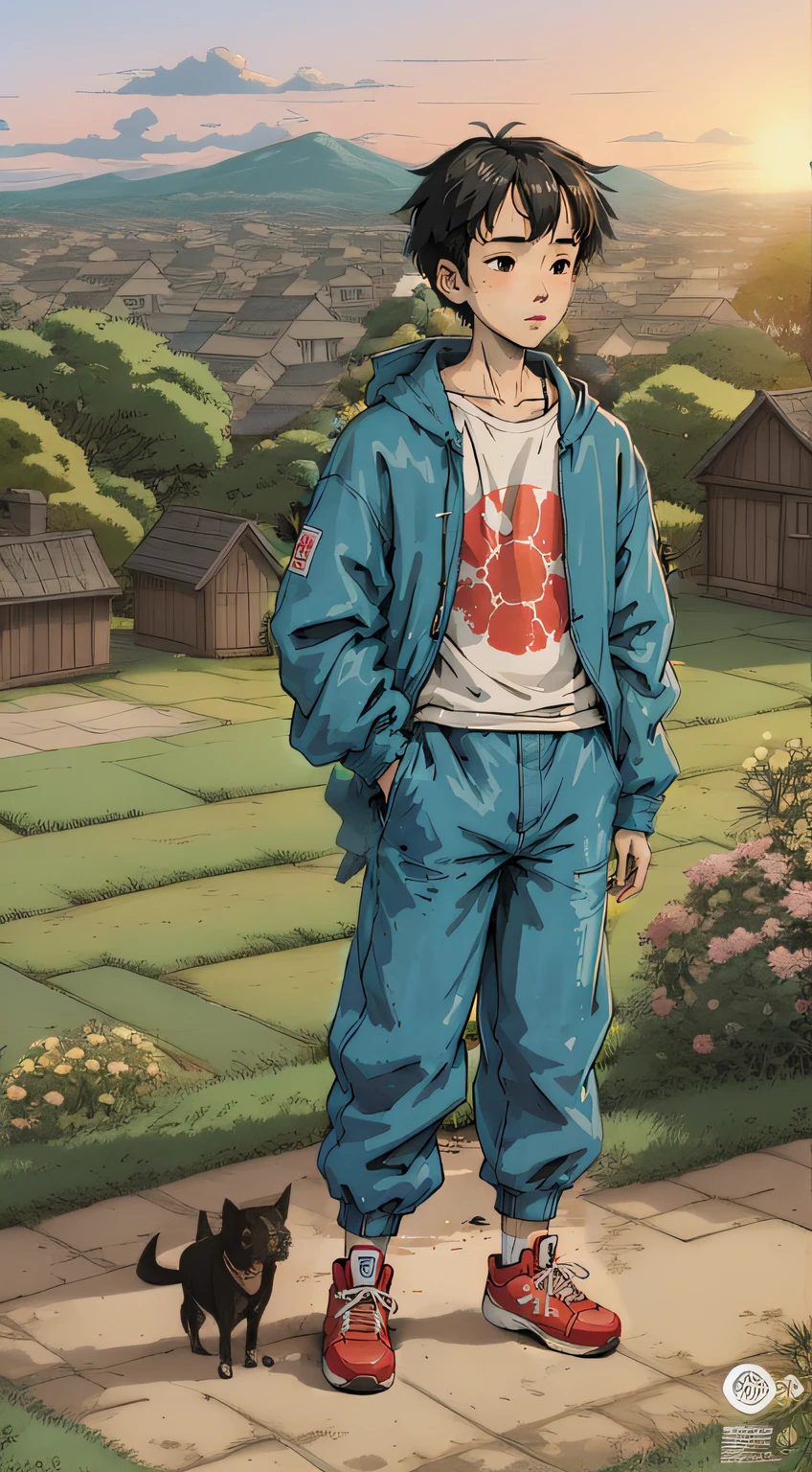 anime boy with a dog standing in front of a village, official art, inspired by Junpei Satoh, manga style of kentaro miura, akira toriyama style, kentaro miura art, inspired in hirohiko araki, hirohiko araki style, style of jojolion cover art, inspired by Yoshihiko Wada, satoshi kon artstyle