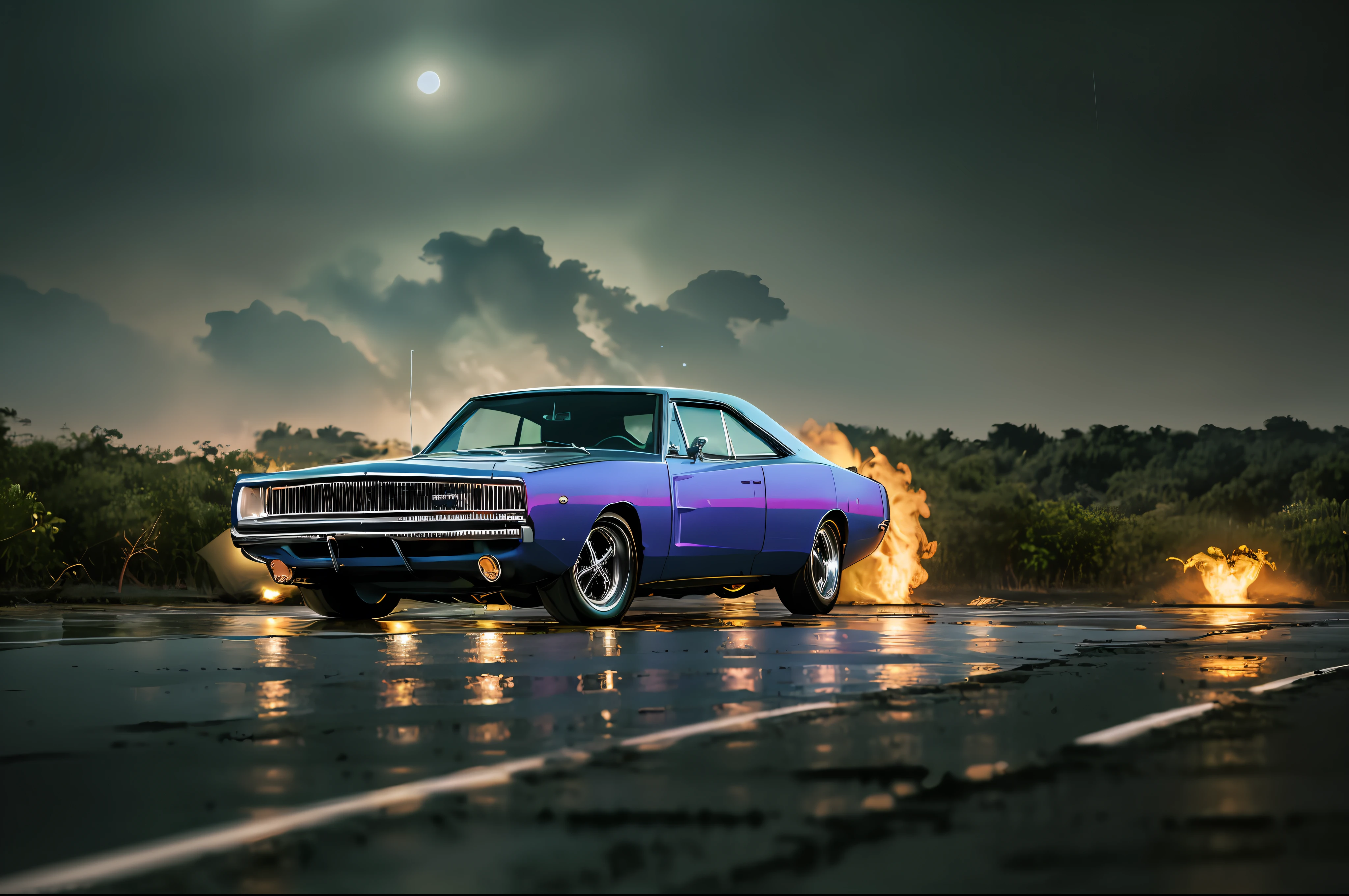 Somber photo of a car Dodge Charger 1968 Pink phosphorescent candy effect, eye-catching, wide daytona lantas, green wheels, fire in exhaust, driving through the jungle (at night), ((heavy rain)), panthers and leopards walking, ((night)), high detail, sharp focus, (photorealism), realistic, best quality, 8k, award-winning, dramatic lighting, epic, cinematic, masterpiece, tire light, environmental fog: 1.2, summer, heat distortion, black birds,