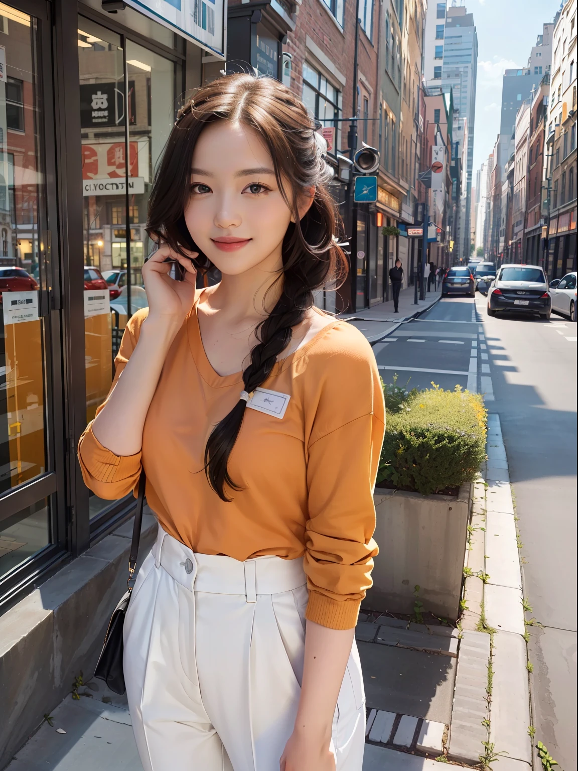 highres, masterpiece, (photorealistic:1.4),(city background:1.5), (day time:1.2), light smile, perfect skin, light orange shirt, posing, white trouser, hands on waist, looking at viewer, braided hair, black hair, fujifilm