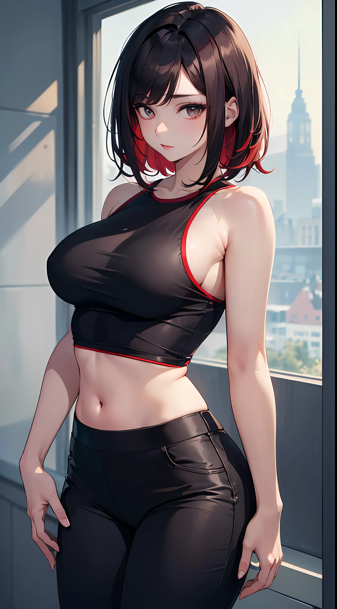 ((Best quality)), ((masterpiece)), (detailed: 1.4), beautiful woman, Asian, short black sleeveless t-shirt, black lag pants, black short hair with red locks, ink, (solo), realistic,((masterpiece)), (best quality), (detailed), (1 girl), large breasts, sexy, thicc