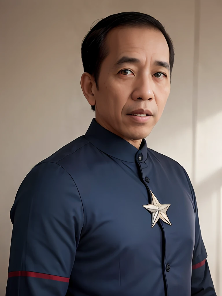 4k, Best quality, masterpiece, ultra high res, beautiful lighting, (realistic, photo-realistic:1.4), realistic background,  jokowi, 1man, 50 years old, wear captain america superhero outfit, long shot,