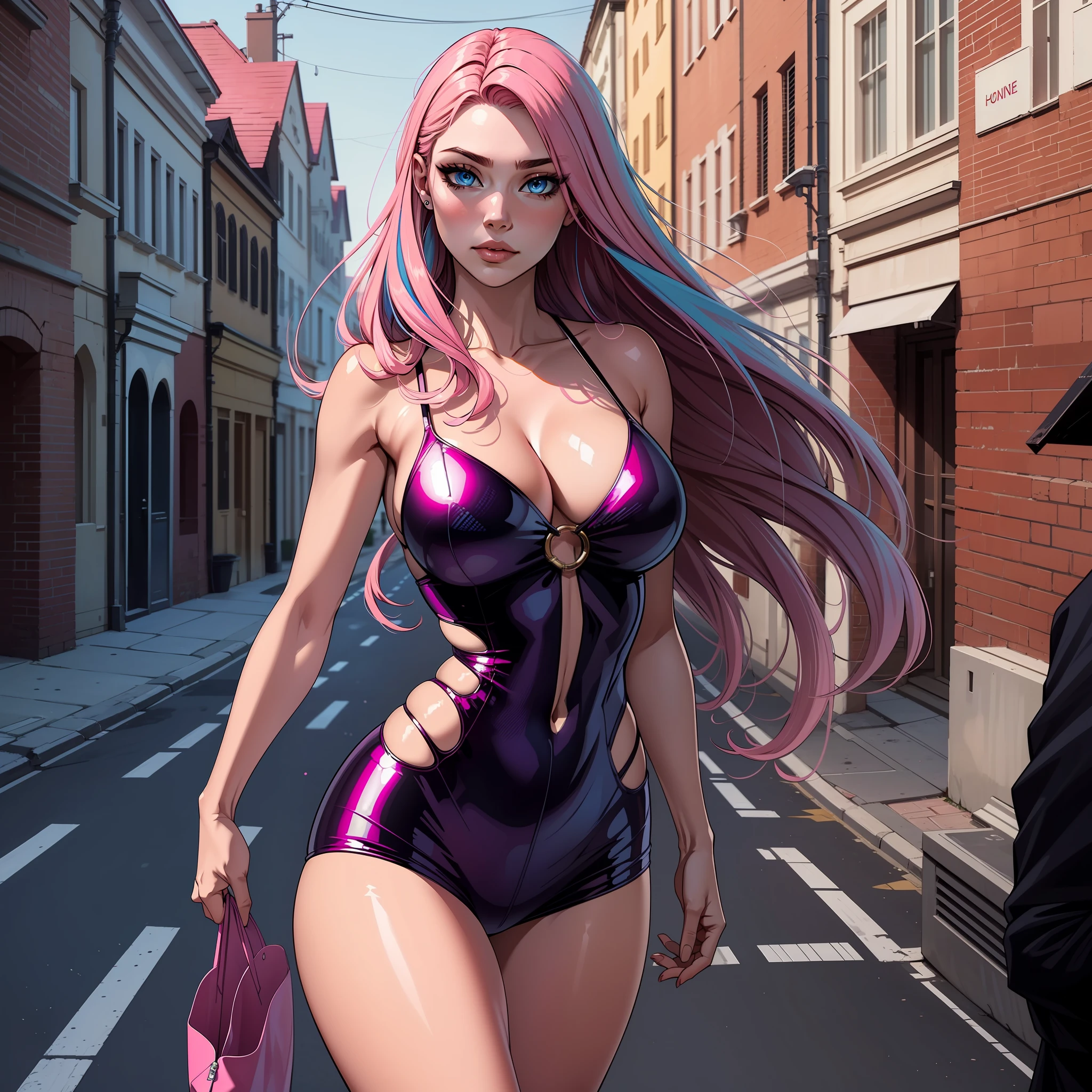 A woman alone, pink hair, long hair, blue eyes, on the empty street, heroine costume