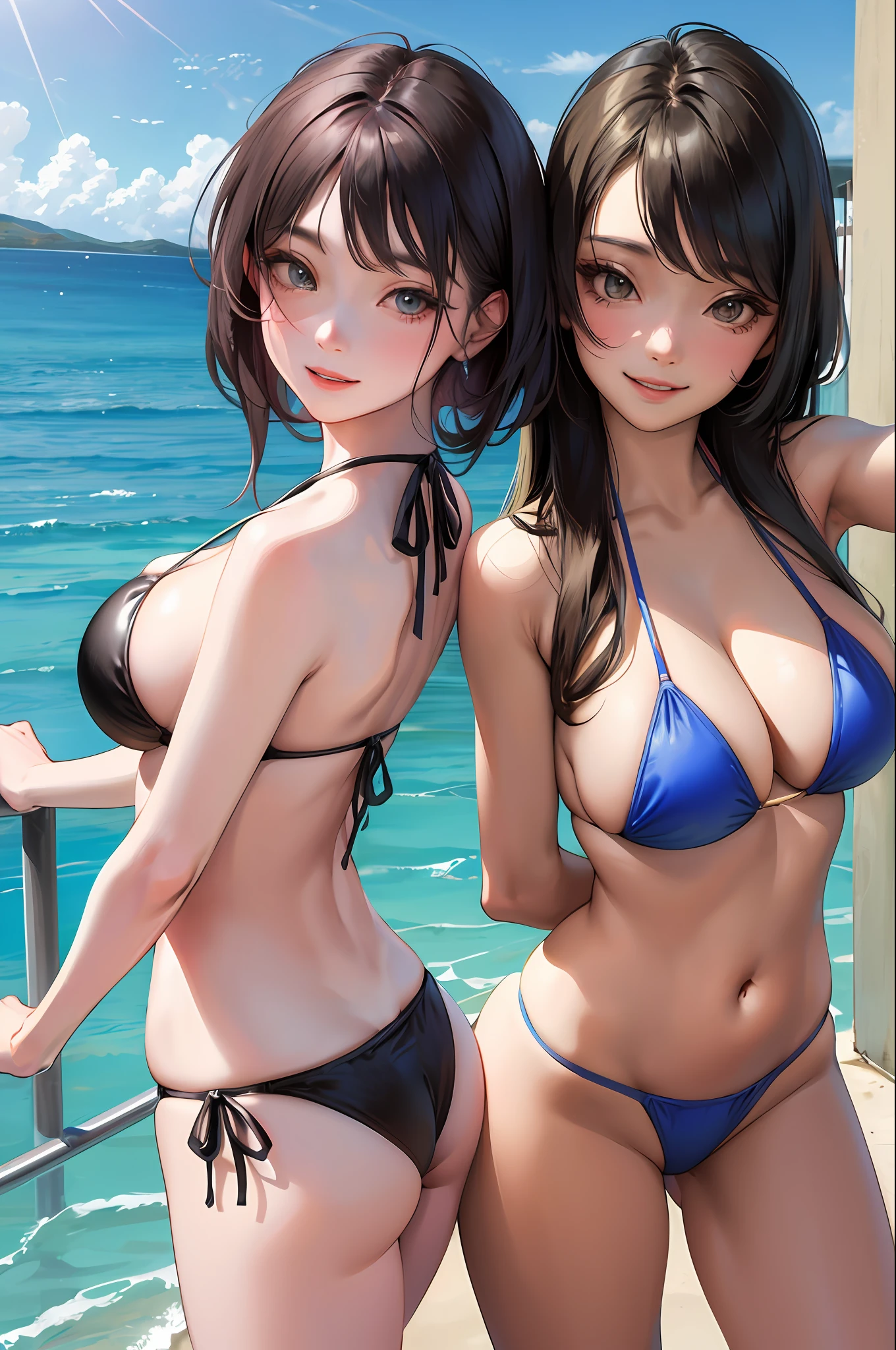 Realistic, 2  girls, close contact selfie, wearing bikini, big breasts, smile, butt emphasis