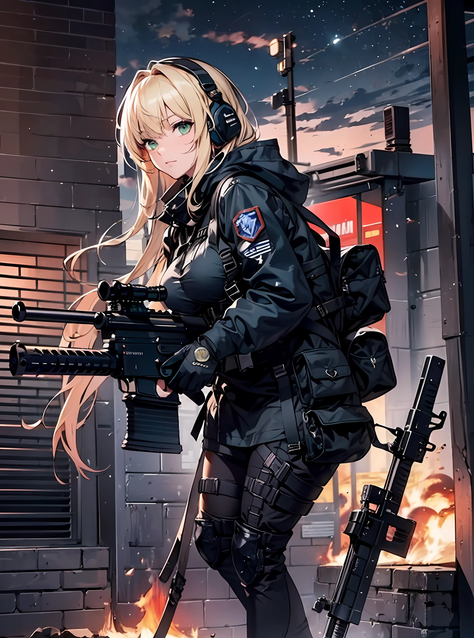 {{Masterpiece, top quality, highly detailed CG, 16K, movie lighting, lens flares}}, one girl of a special forces operative, (aiming a huge rifle), (wide view), thick body, Photorealistic: 1.4, long blonde hair, green eyes, aiming, ((Boarding gate of combat helicopter: 1.6)), SWAT, night footage, the sky clouded by plumes, plumes rising from flames, from above, aiming, rifle aiming, lock-on, rifle knee shooting, full body shot