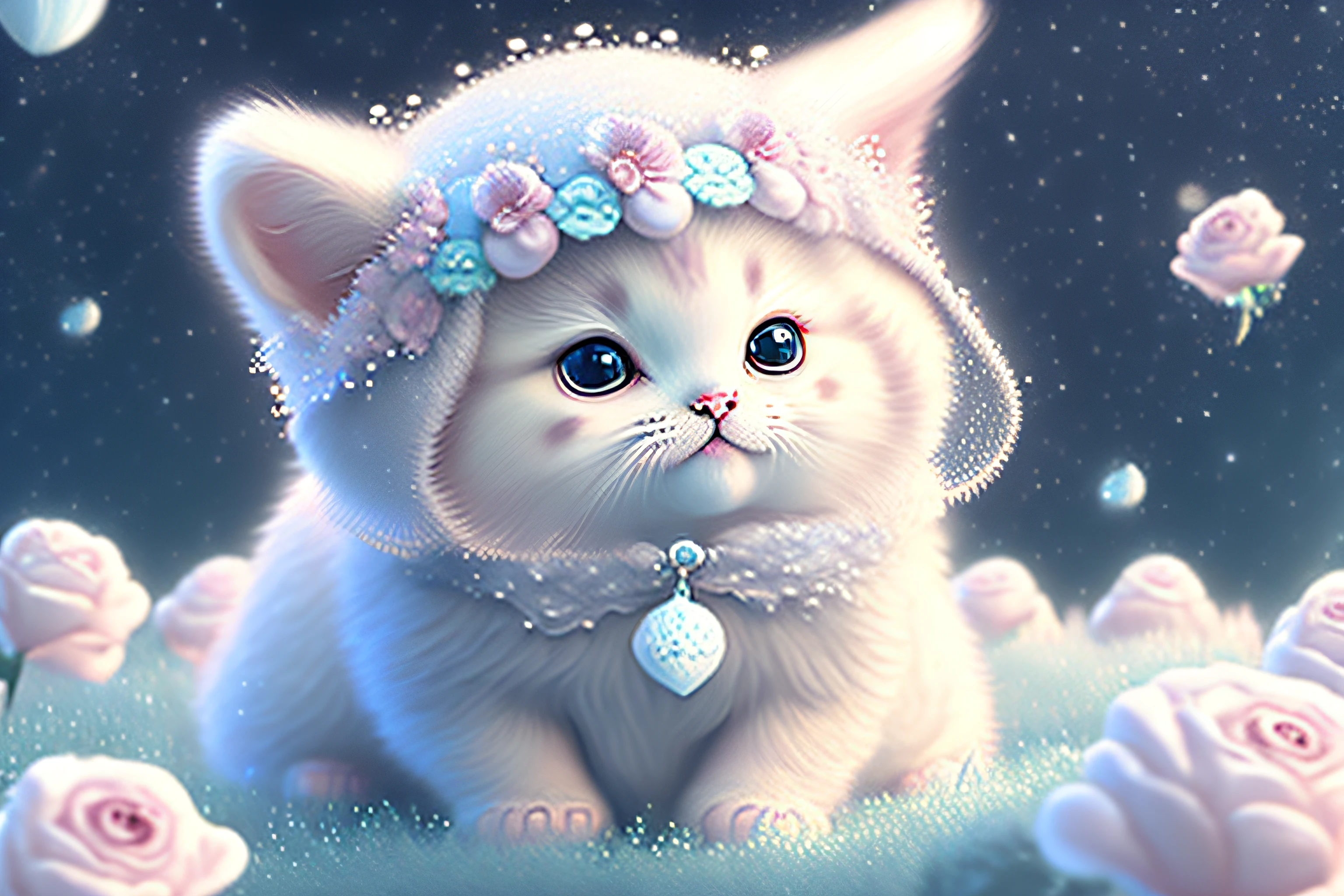 In this ultra-detailed CG art, cute kittens surrounded by ethereal roses, laughter, best quality, high resolution, intricate details, fantasy, cute animals, purple, funny, open mouth!! Laugh!!!