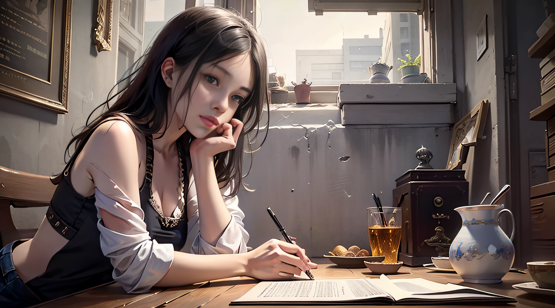 (RAW photo, best quality), (realistic, photo-realistic:1.3),best quality,highly detailed,masterpiece,ultra-detailed,illustration,1girl,upper_body,dynamic angle,world masterpiece theater,messy_long_hair,best quality,extremely detailed CG unity 8k wallpaper,ink,Amazing,cinematic lighting,lens_flare, dunhuang_style