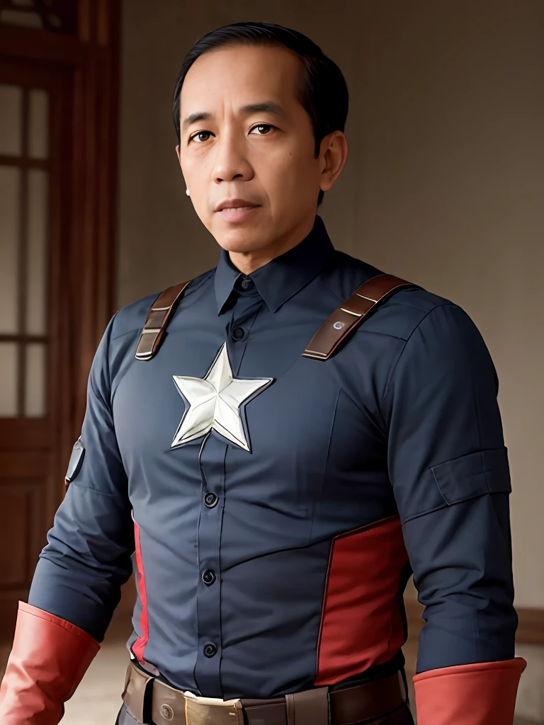 4k, Best quality, masterpiece, ultra high res, beautiful lighting, (realistic, photo-realistic:1.4), realistic background,  jokowi, 1man, 50 years old, wear captain america superhero outfit, long shot,