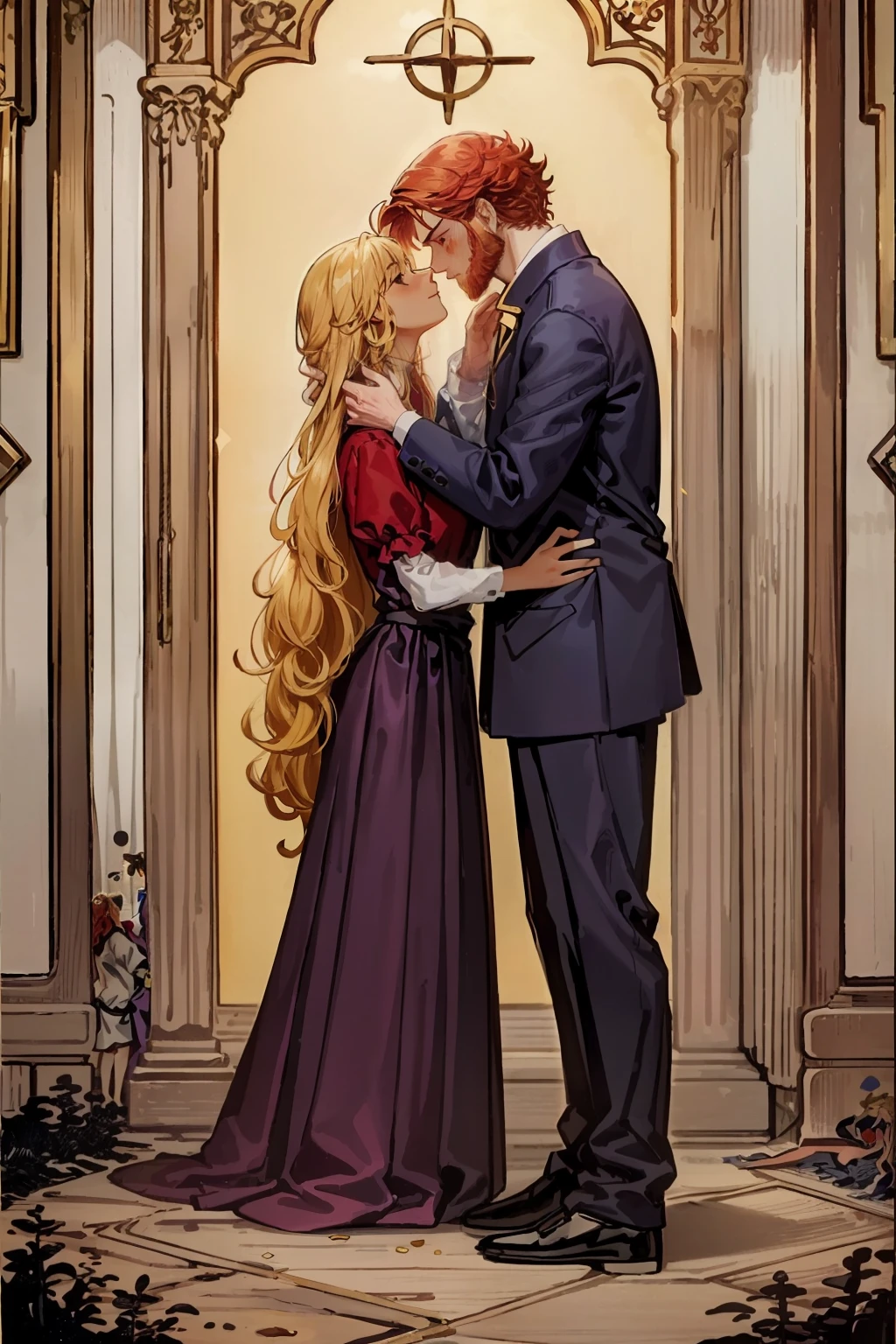 masterpiece, couple, lovers, tenderness, kiss, beautiful woman, short stature, long hair, blonde hair, purple dress, princess, handsome man, tall man, red hair, red beard, muscular, white shirt, protector, artisan, beautiful background, secret concept tarot card history card mystery, tarot card, best quality