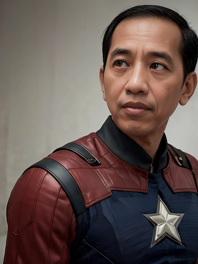 4k, Best quality, masterpiece, ultra high res, beautiful lighting, (realistic, photo-realistic:1.4), realistic background, jokowi, 1man, 50 years old, wear captain america superhero outfit, long shot,