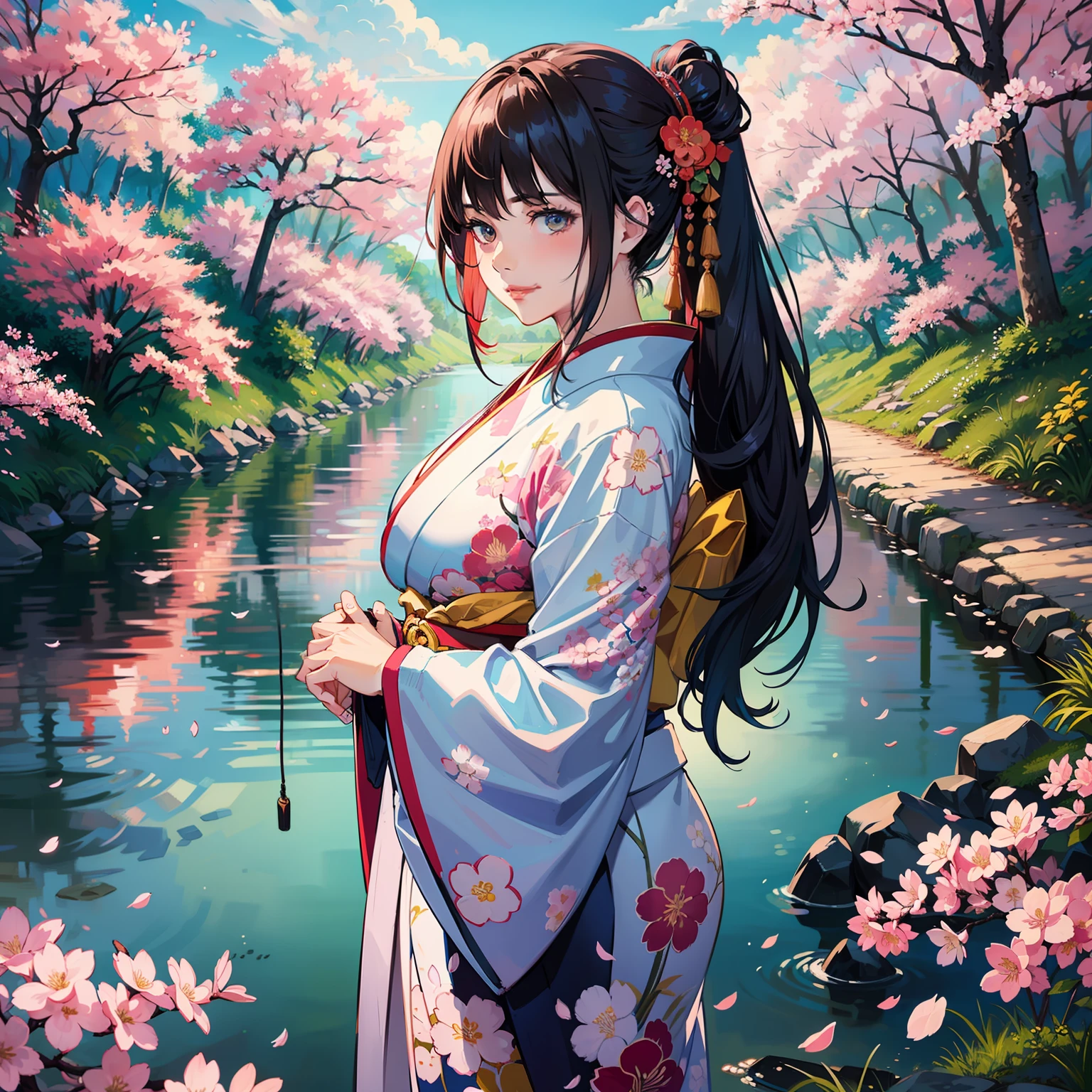 (realistic:1.3), finely detailed, quality, rembrandt lighting, (masterpiece:1.2), (photorealistic:1.2), (best quality), (detailed skin:1.3), (intricate details), dramatic, ray tracing, 1girl, japanese girl, smiling, updo hair, 21 years old, medium breasts, (colorful kimono:1.2),(japanese clothes:1.2),(floral print),(long sleeves), (cherry blossom trees, river, spring, Sun, Clouds, strolling, nature, forest),