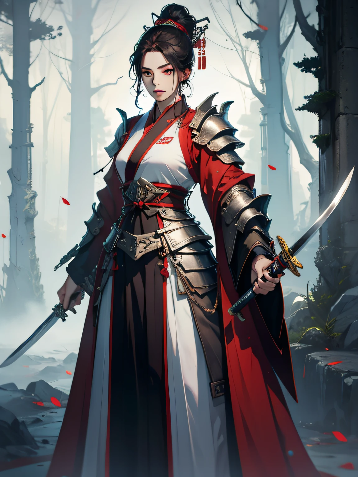 An ancient Chinese female general with a sword in her hand, grim expression, full body, clear facial features, amazing facial features, red robe, armor, boots, white background, game model, stunning lighting, C4D, OC rendering, movie edge light, delicate light, masterpiece, super detail, epic composition, super high-definition, high quality, highest quality, 32k