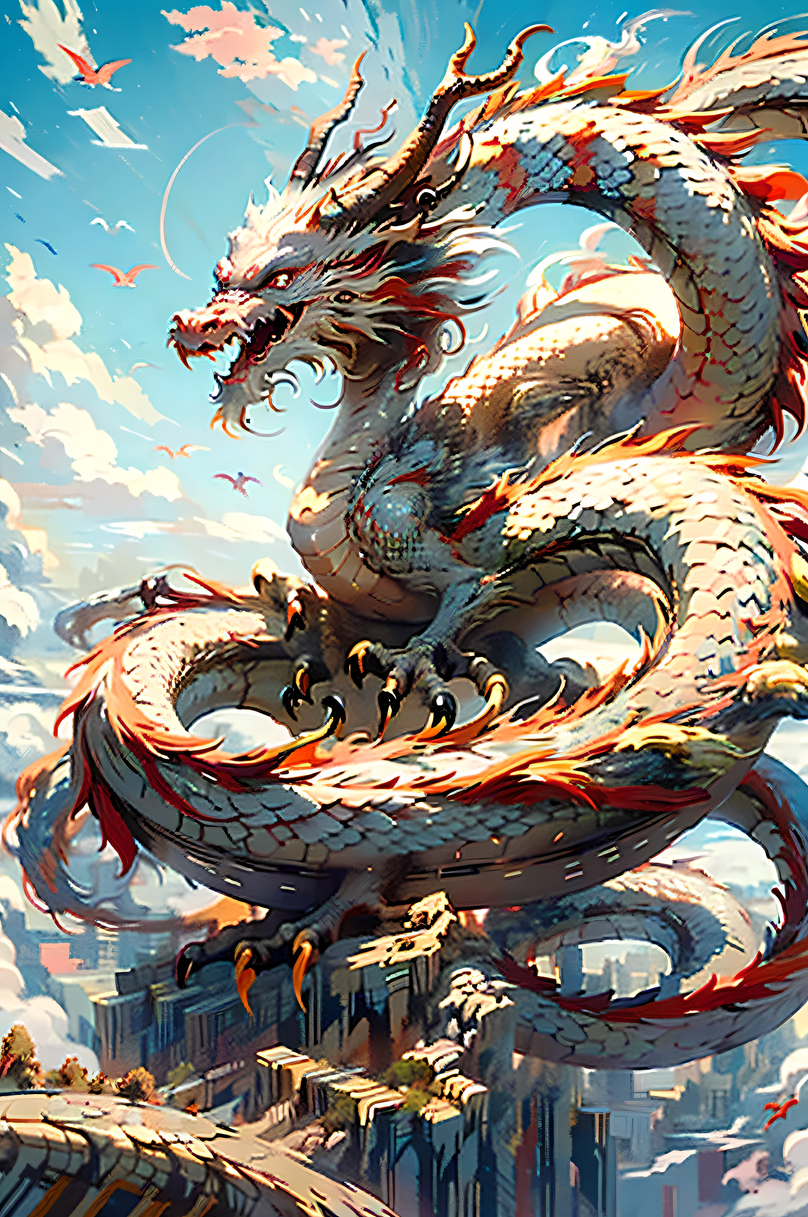 Best quality, masterpiece, ultra high res, naked non-humans, (long: 1.2), sky, red eyes, cloud, scales, dark oriental dragon, open mouth, sharp teeth, flying, horns, teeth, day, claws, fangs, blue sky