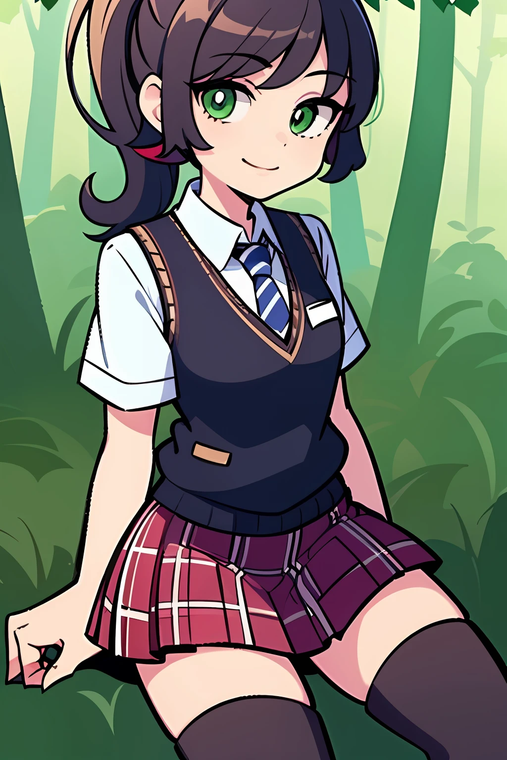 (cartoon), light smile, Schoolgirl attire, white blouse with yellow sweater vest, green striped tie, red plaid skirt and black boots with white buckles, forest green eyes and ashy hair in a twin ponytail