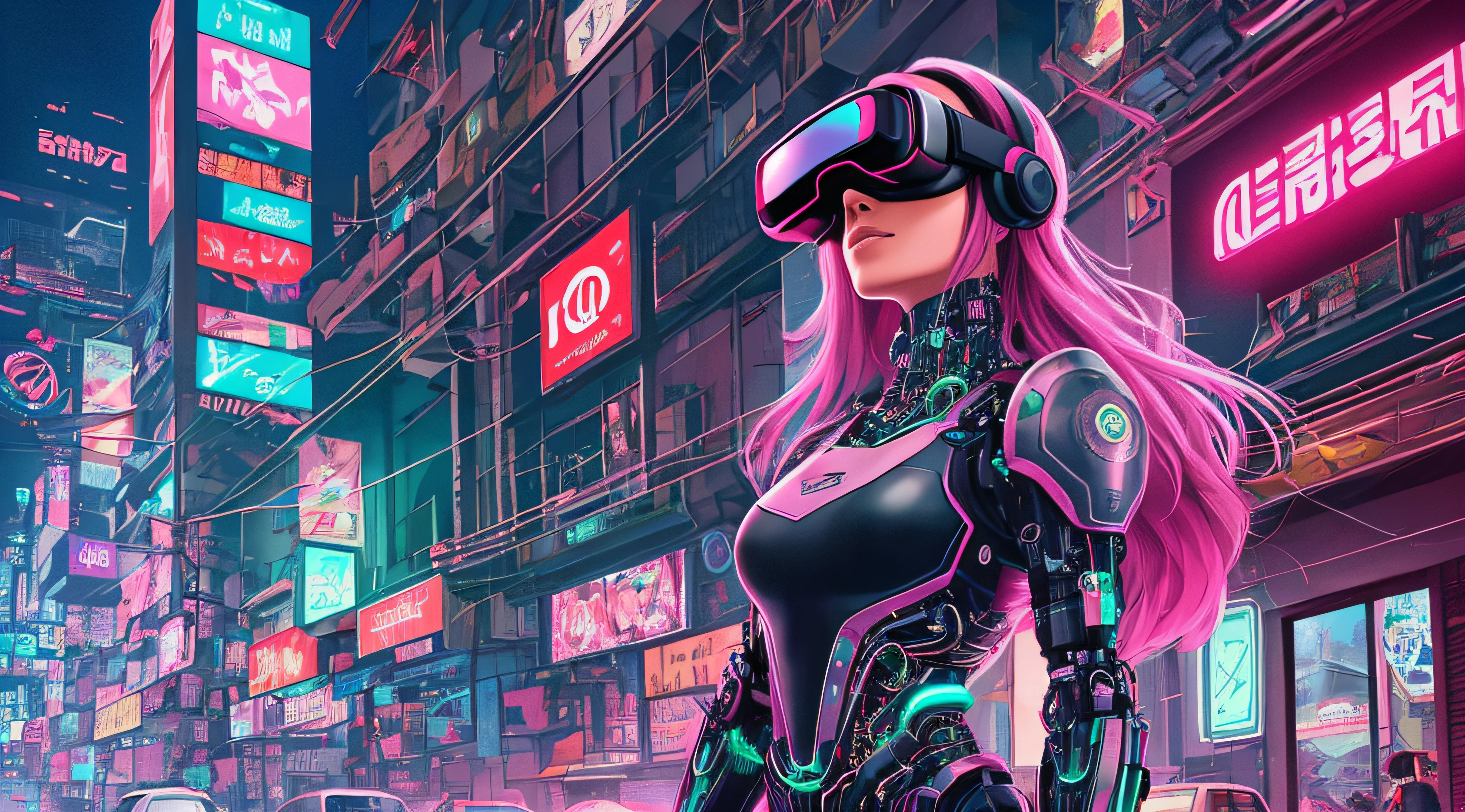 She stood out from the crowd with her pink-dyed hair and a pair of virtual reality glasses that glowed in green neon. Her delicate face was accentuated by an elegant painting of cybernetic makeup, e ela parecia estar imersa no mundo virtual a sua frente.

Ao redor dela, The world seemed on fire with smoky neons emanating a dazzling light that seemed to guide its way. She was at the center of a cyberpunk scene full of tall buildings and hanging electrical wires, giving the impression that she was a cyber warrior ready to take control.

Com todos os olhos voltados para ela, She walked confidently through the dark alleys, pronta para enfrentar qualquer desafio digital que aparecesse em seu caminho. She was the embodiment of digital freedom, A true cybernetic queen.