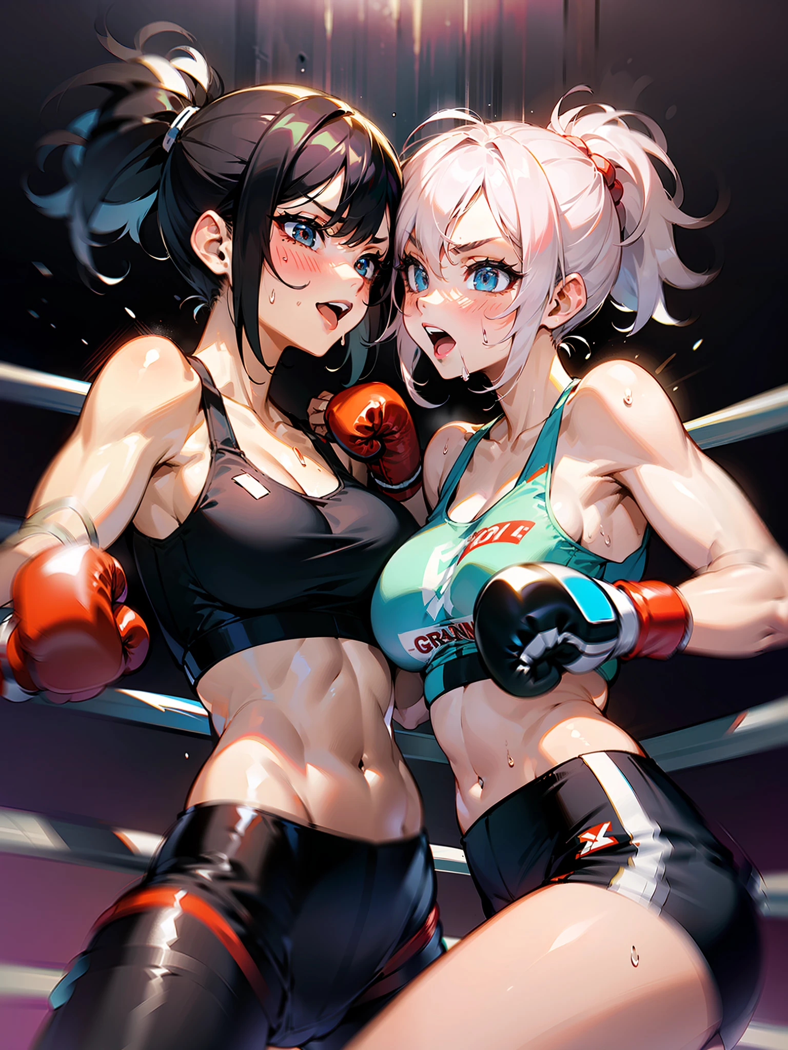 Two female boxers, one female boxer is punching, the other female boxer is being punched properly, ((one-sided development)), female boxing match, bang, punch hits, (((two women)), sports bra, leggings, boxing gloves, fist strikes, ropes, cornered, boxing ring rope, sweat all over the body, visible damage, ((The two are face-to-face)), --no third person