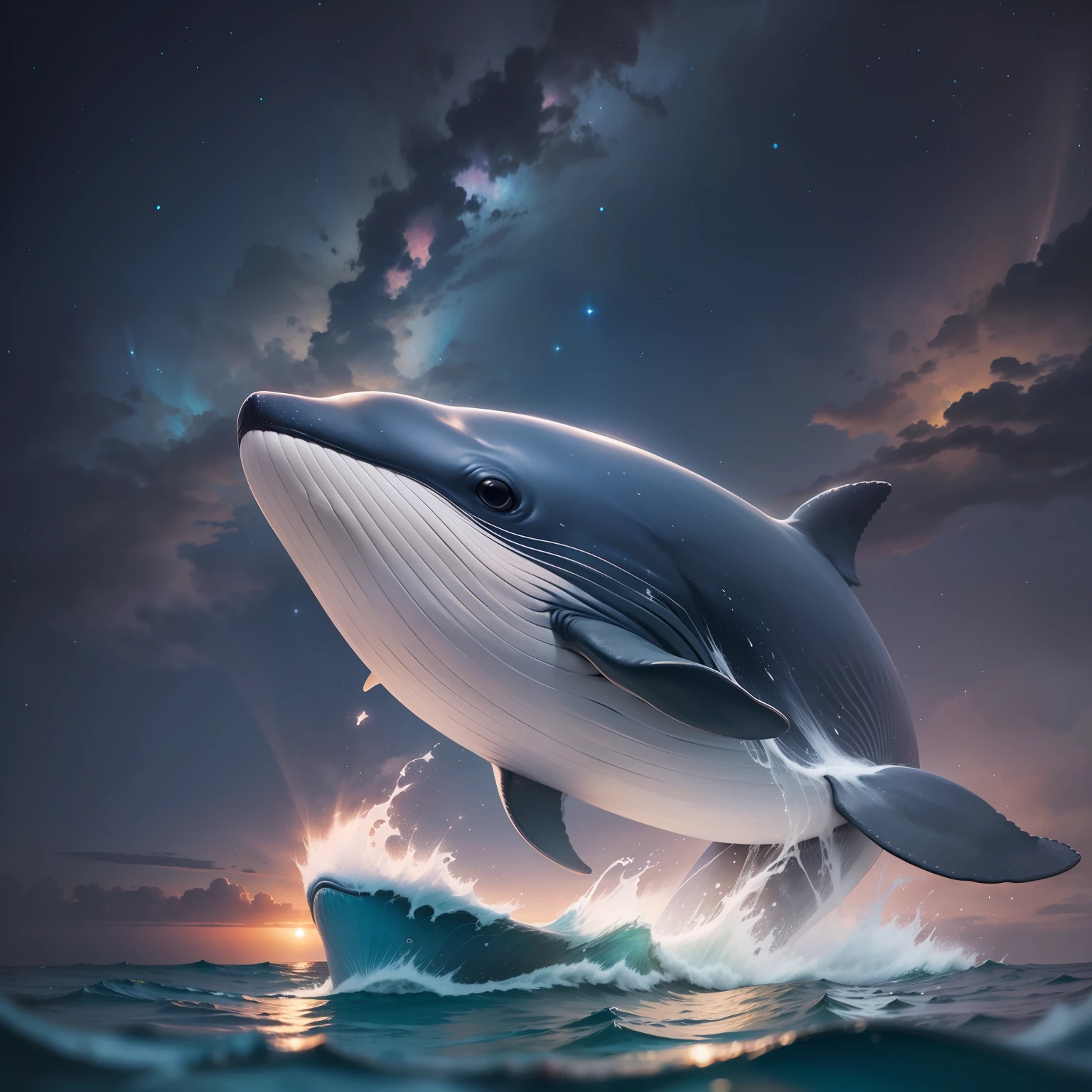 Whale swimming in beautiful night sky, real