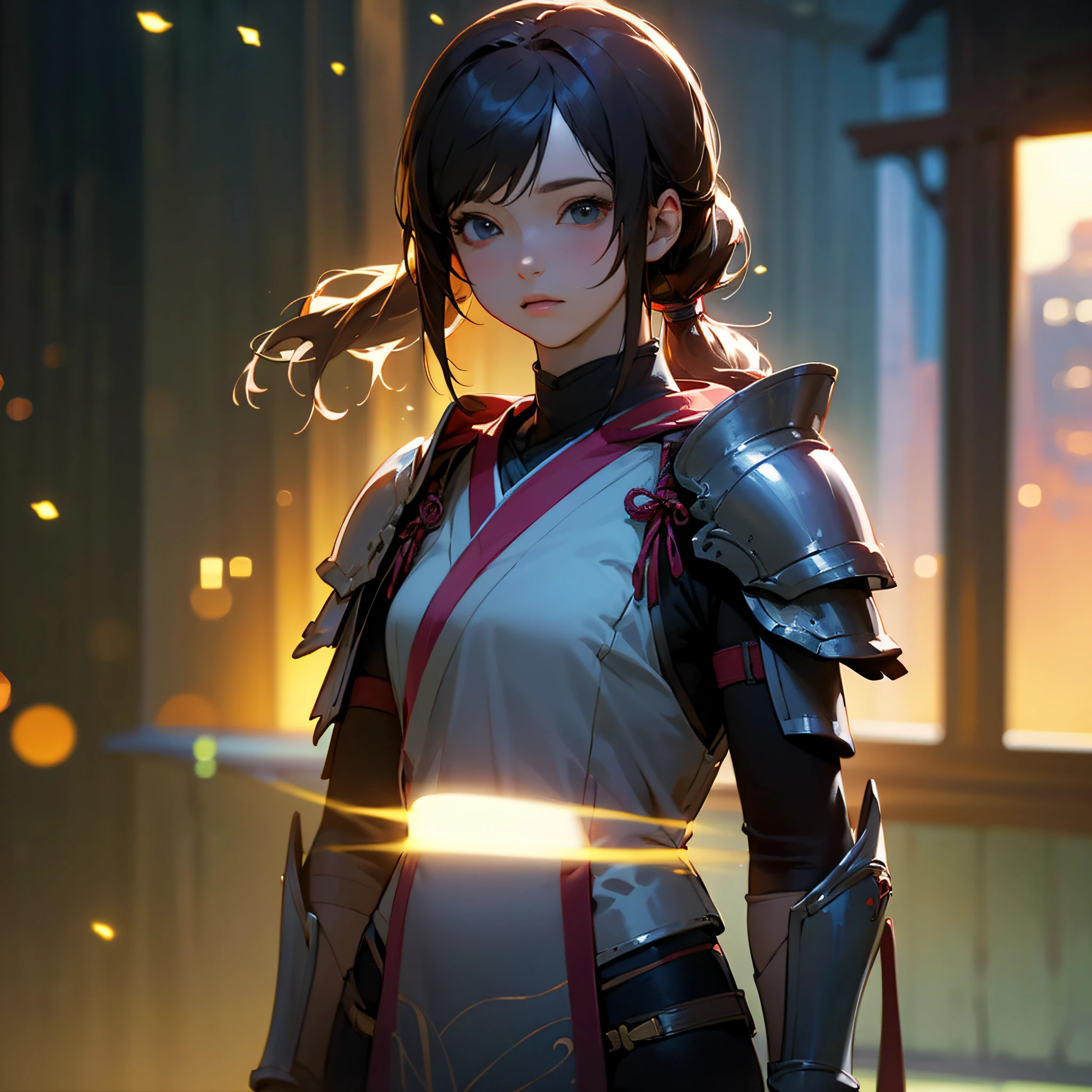 (Top Quality, Masterpiece: 1.2), (Realistic, Photorealistic: 1.37), ((Best Quality)), Ultra High Resolution, Highly Detailed CG Movie Lighting, From the Waist Up, Ponytail, Flowing Hair, (Bokeh: 1.4), (1 Female), Ninja, Armor, Sci-Fi, Shrine