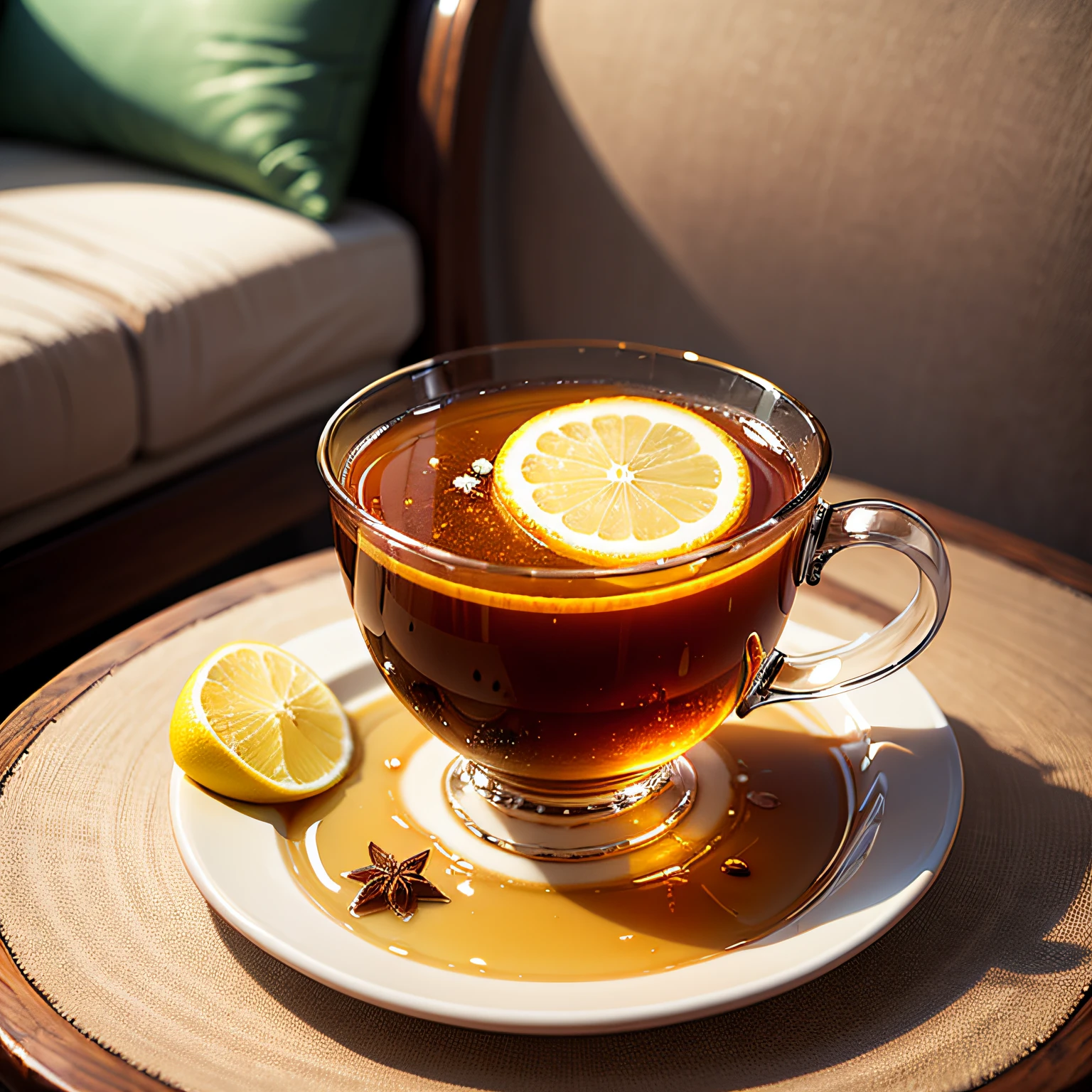 a beautiful table with a lemon tea and honey on it, realistic image --auto