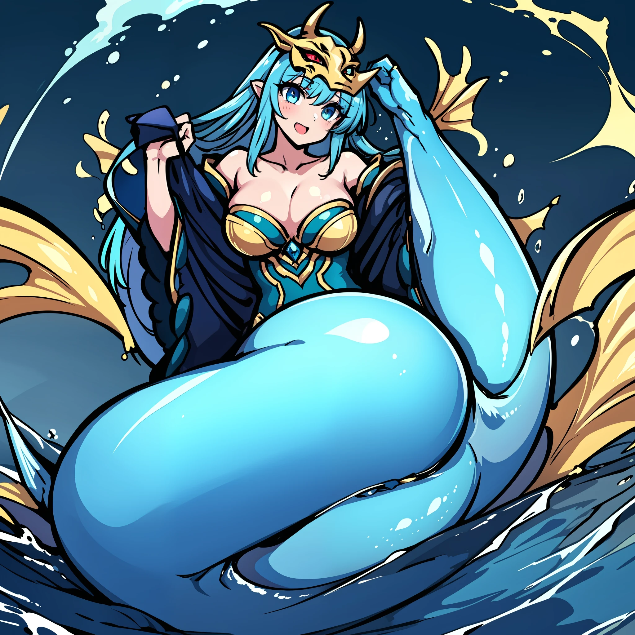 Masterpiece, solo, 1girl, high quality, mermaid, sexy, curvy, wearing blue and gold royal clothes, blue and gold demon mask, splashing out of water