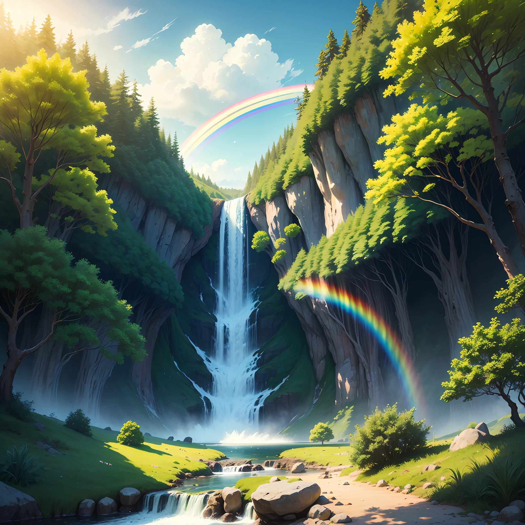Sky with rainbow, waterfall, forest, fish, bush, plants, --auto