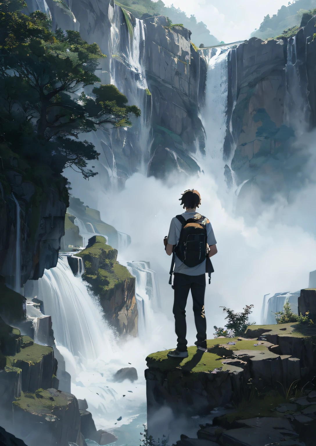 New boy with 8 years old in white shirt had come across impressive landscapes, Majestic waterfalls, craggy cliffs and a dense fog covered the horizon, an adventurer's backpack on his back and a backpack in his hands, has dark hair and dark eyes, better image quality, waterfalls, fogs