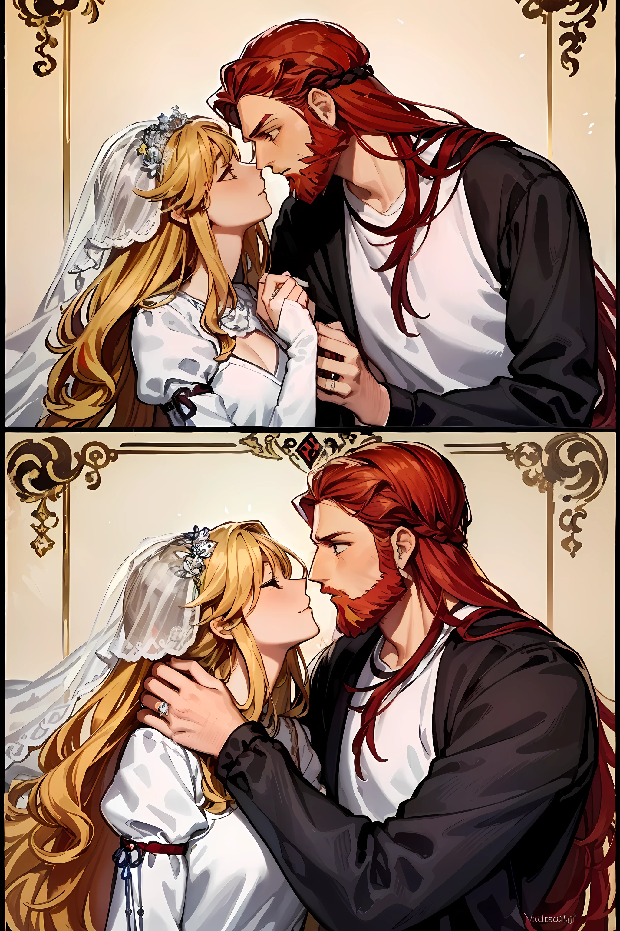 masterpiece, couple, lovers, tenderness, kiss, wedding, wedding, beautiful woman, long hair, blonde hair, purple dress, princess, handsome man, tall man, red hair, red beard, muscular, white shirt, protector, artisan, beautiful background, secret concept tarot card history card mystery, tarot card, best quality
