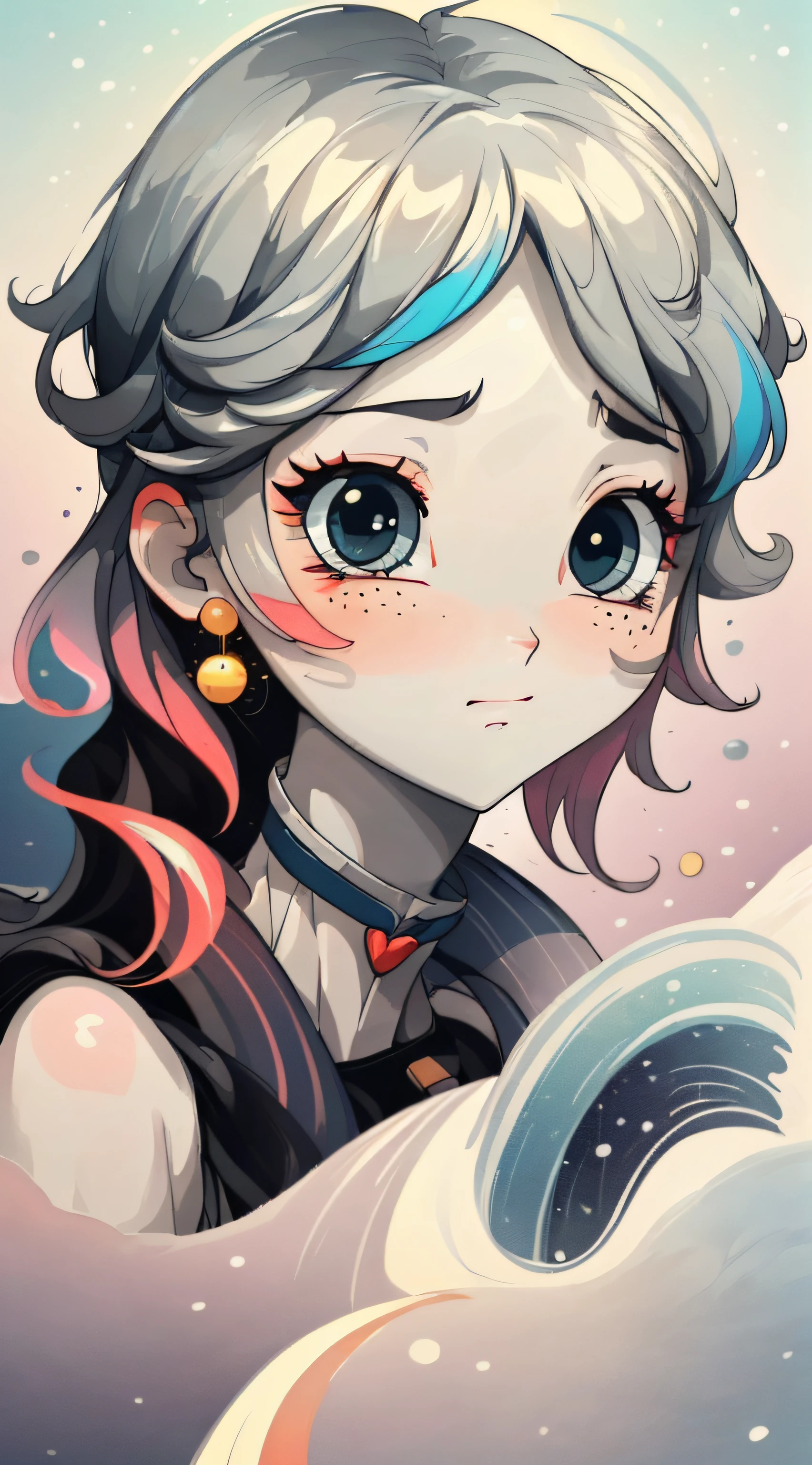 (((Masterpiece))), ((Best Quality))), ((Ultra Detailed)), (Illustration), (Dynamic Angle), ((Floating)), ((Unkempt Hair)), ((Beautiful Delicate Face)), Collar, Bare Shoulders, Gray Hair, ((Striped Hair)), Beautiful Delicate Eyes, (Gradient Eyes), (((Colored Eyes))), (Colored Background))), (High Saturation))), (((Surrounded by Colorful Splashs)))), (((( surrounded by colorful dot))), colorful bubble, ((shining)), clouds,