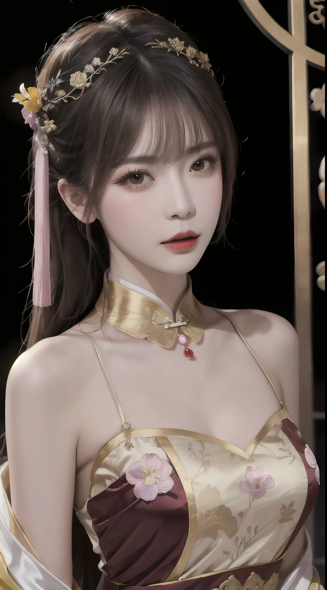 Woman wearing red and gold dress, flower background, palace, hanfu girl, wearing red cheongsam, chinese style, with ancient chinese costume, wearing ancient chinese costume, traditional beauty, Chinese Traditional, chinese girl, cheongsam, chinese costume, chinese princess, hanfu, chinese traditional clothing, chinese costume, 1 27-year-old girl, 1 zodiac goddess from the future, goddess of the pink and purple 12 zodiacs, the goddess of the zodiac in a yellow ao dai, a 12 zodiac ao dai with many black lace detail, mythology Goddess of the 12 zodiacs from the future, zodiac ♏, luxurious glittering zodiac style, dark and mysterious version, zodiac crown, lipstick lips red, thin and beautiful lips, mouth closed, characters made by karol bak and pino daeni, intricate detail, detailed background, extremely detailed, light magic, a woman, clear face, hair long with bangs, beautiful face in detail and well-proportioned eyes, (transparent yellow eyes: 1.8), big round eyes and very beautiful and detailed makeup, foresight, silk dress, mysterious makeup , double bangs and dyed light blonde , upper half portrait, zodiac goddess portrait, arms hanging loosely, Realistic and vivid photo, (stars make up the zodiac: 1.7), (sky background zodiac and fictitious space and time portal: 1.8), fiction art, RAW photo, hanfu picture, best photo, best photo quality, 8k quality, 8k ultra, super realistic, real photo most economical, the goddess poses sexy and seductive,