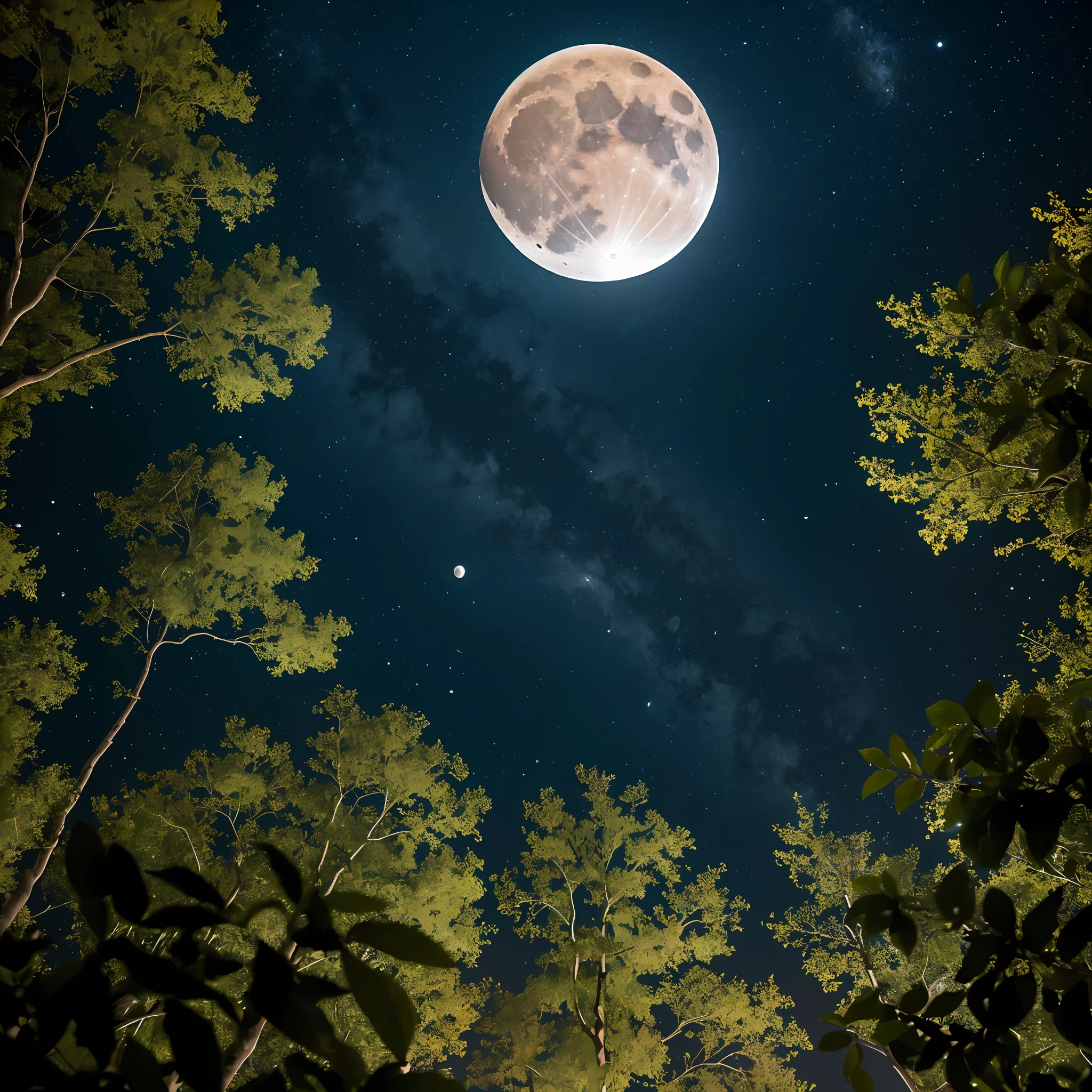 The moon seen from the bottom up, as if it were taken a picture from a professional camera, better lens, the moon is full and bright, around the camera has thin trees with dry branches, sky is starry but the highlight is the bright full moon. Cinematic, 8k. --auto