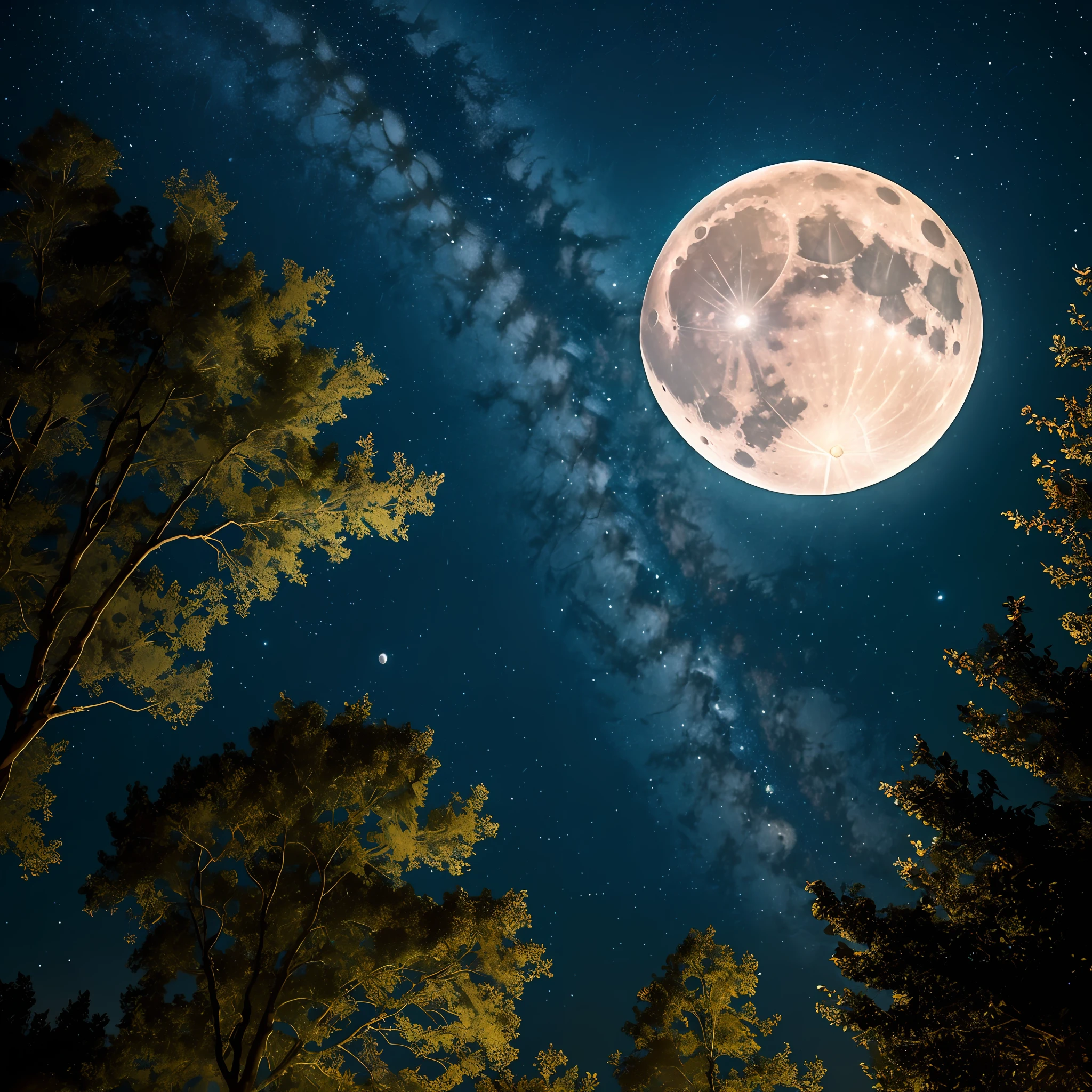 The moon seen from the bottom up, as if it were taken a picture from a professional camera, better lens, the moon is full and bright, around the camera has thin trees with dry branches, sky is starry but the highlight is the bright full moon. Cinematic, 8k. --auto